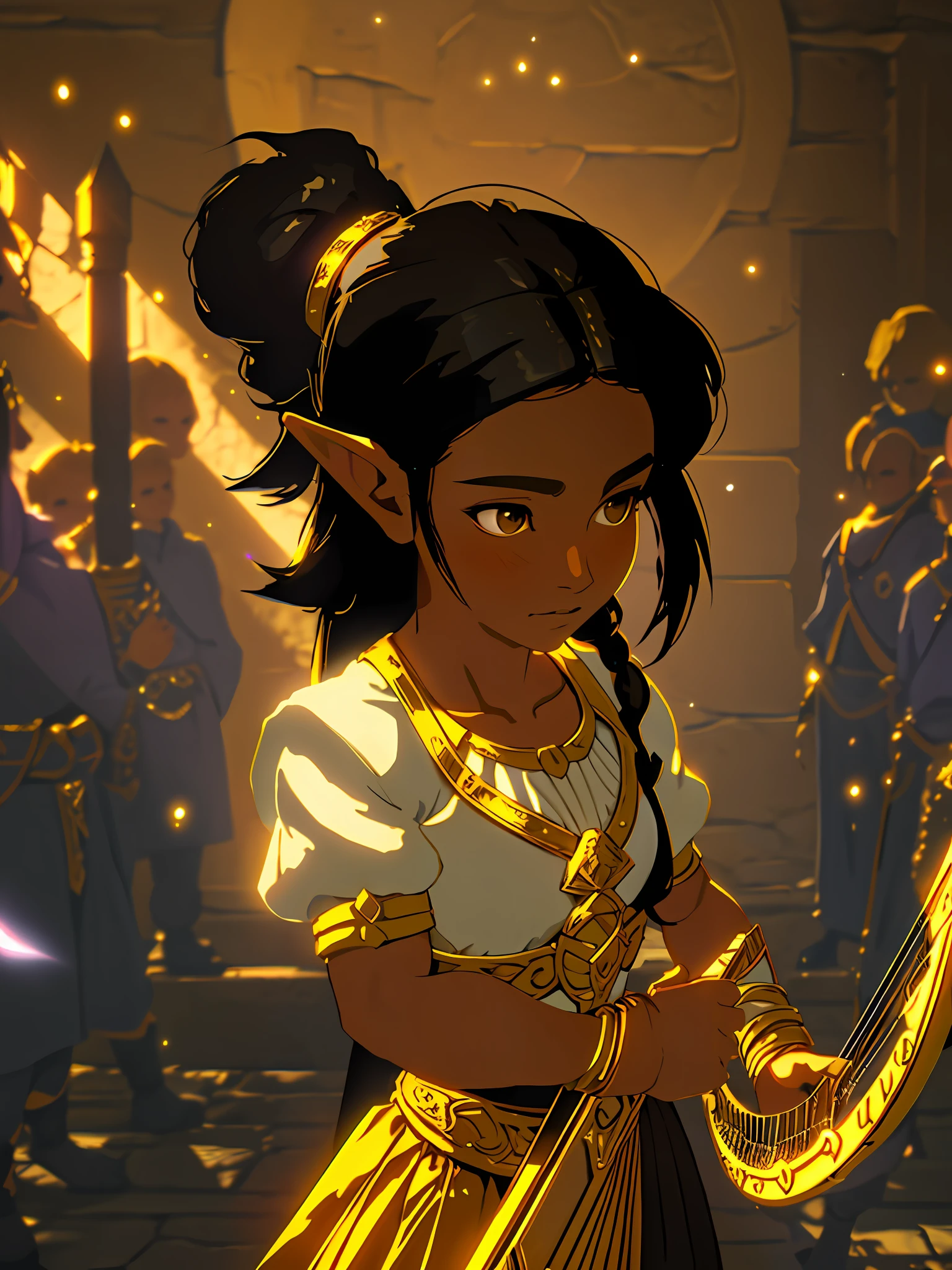 a woman halflings bard, a small golden harp on the back, black hair, brown eyes, short stature, fully clothed, in a dungeon, masterpiece, best quality, high contrast, soft lighting, backlighting, blooming, light sparkles, chromatic aberration, smooth, sharp focus
