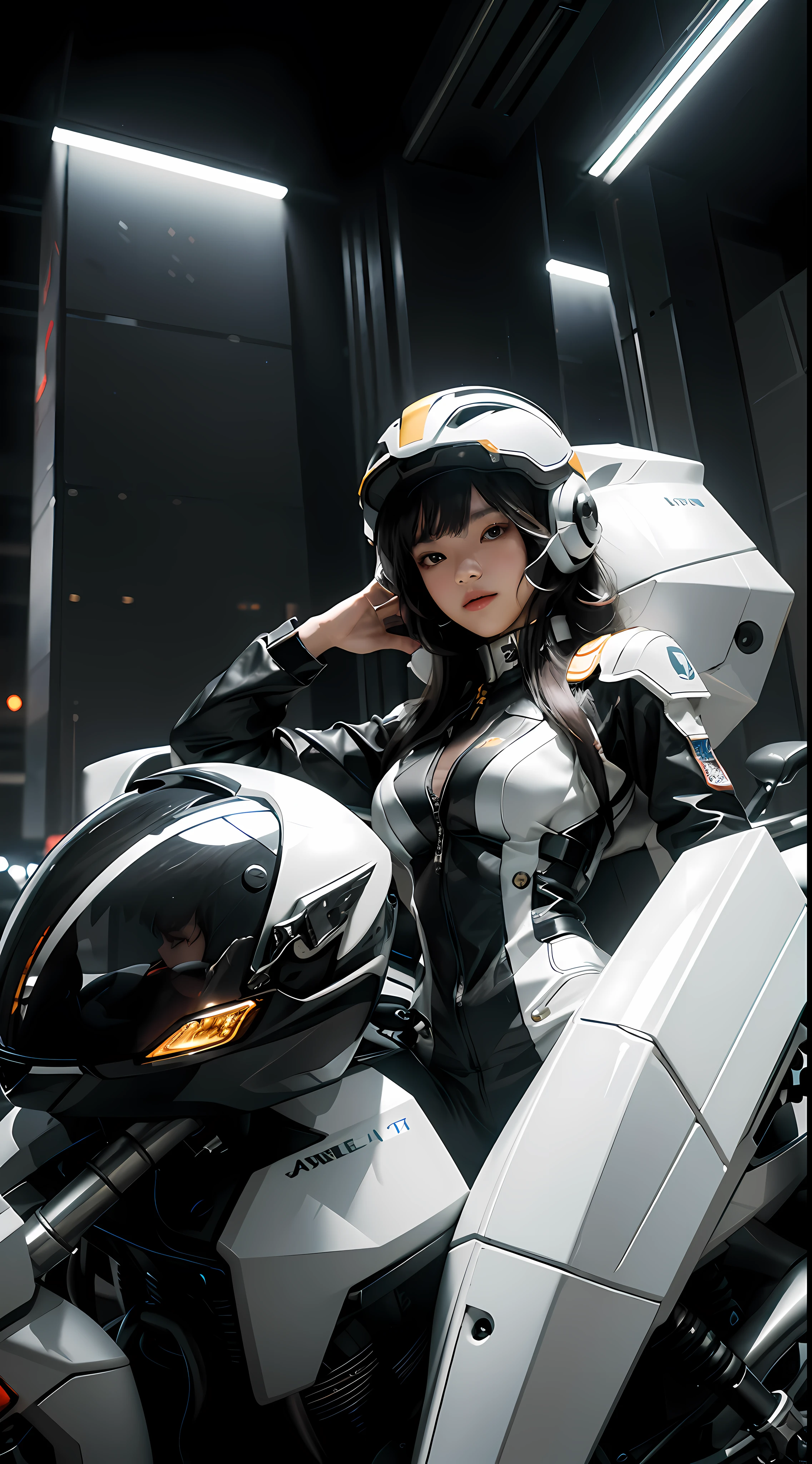 Highest image quality, outstanding details, ultra-high resolution, (fidelity: 1.4), the best illustration, favor details, highly condensed 1girl, with a delicate and beautiful face, dressed in black and white mecha, wearing a mecha helmet, holding a direction controller, riding on a motorcycle, the background is a high-tech lighting scene of the future city.