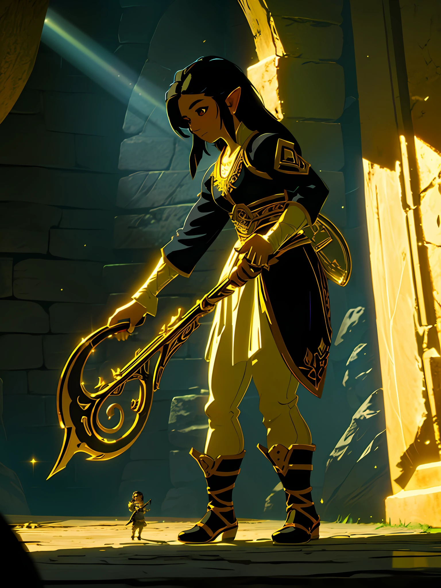 a woman halflings bard, a small golden harp on the back, black hair, brown eyes, short stature, fully clothed, in a dungeon, masterpiece, best quality, high contrast, soft lighting, backlighting, blooming, light sparkles, chromatic aberration, smooth, sharp focus