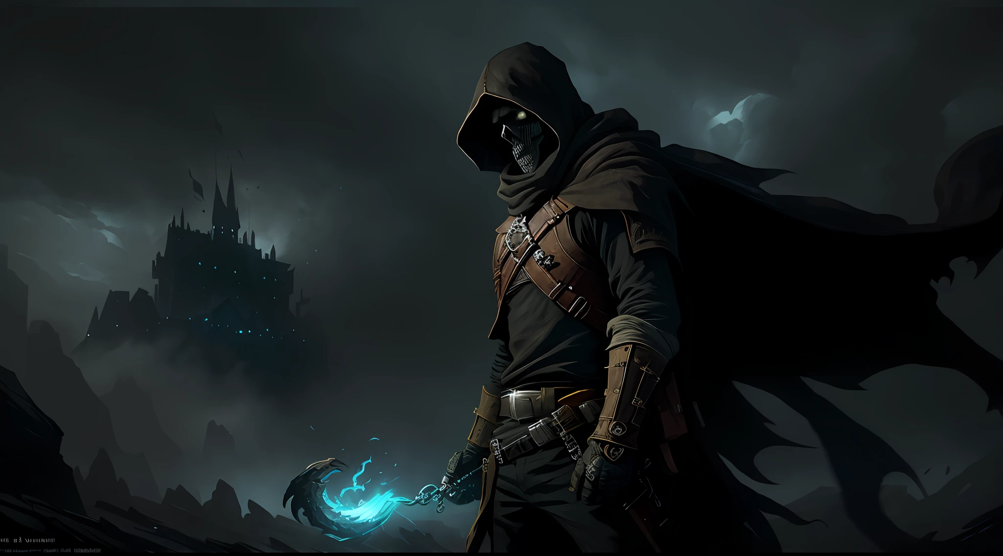 (1man), (((solo))) a dark medieval warrior, skull face, in a macabre medieval lair, chains, illustrator, masterpiece, high quality, 8k, ultra-detailed, high resolution, ((horror)), medieval, high detail, with scifi technological mask, dynamic pose, upper body, evil, cinematic shading, best brightness, vivid colors, cool and soft luminosity, night, best illustration, wind blowing, Greg Rutkowski style