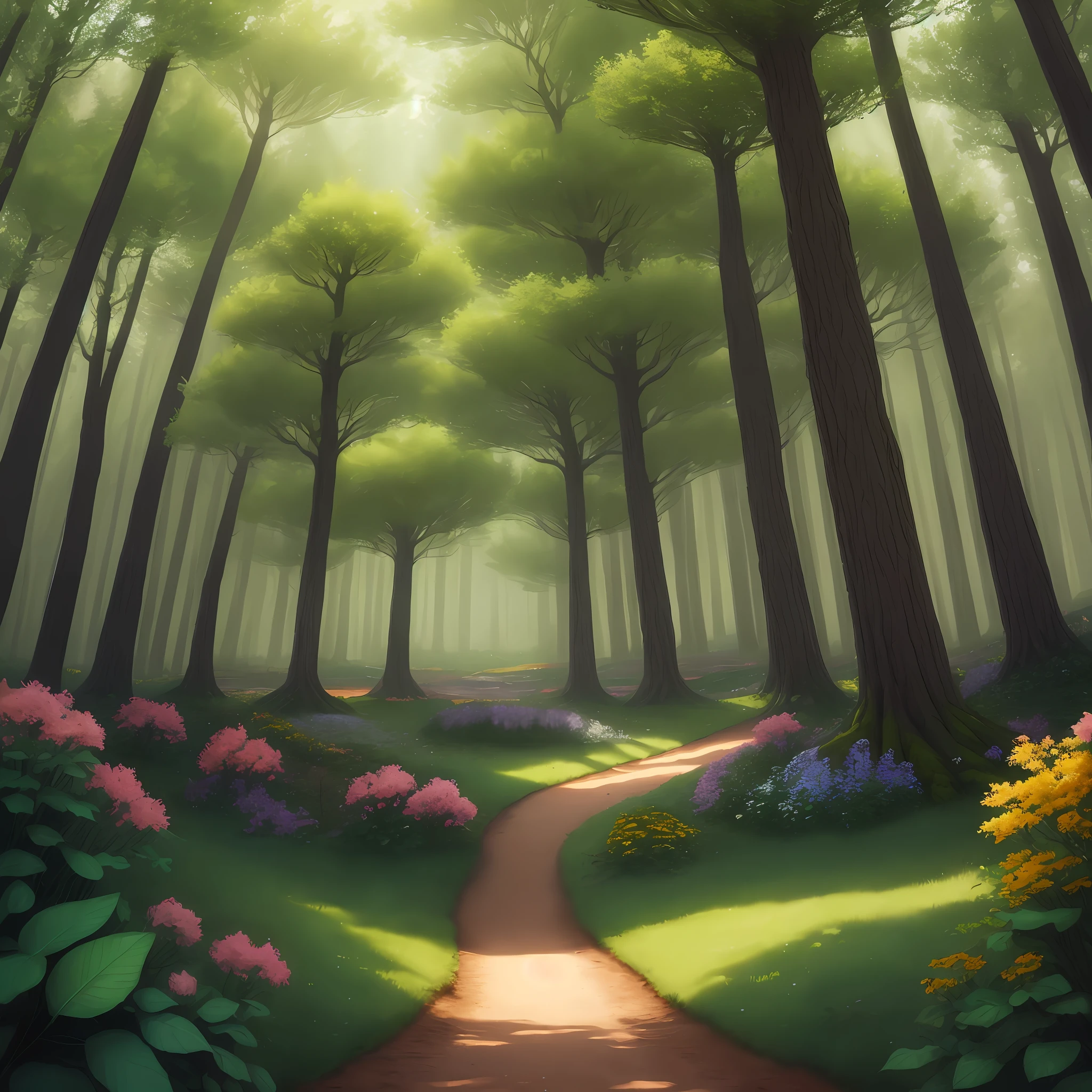 A very childish forest landscape, with trees and flowers around and in the center a clearing giving space for characters to interact. With clear and very friendly colors