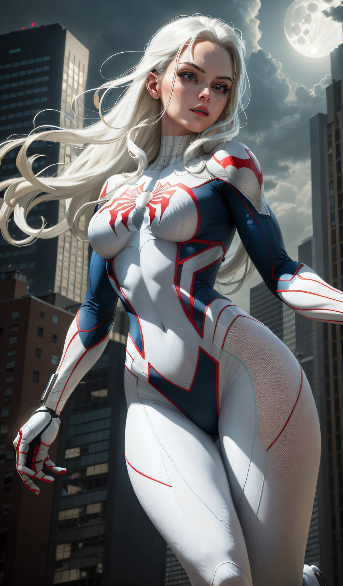 (Masterpiece, 4k resolution, ultra-realistic, very detailed), (White superhero theme, charismatic, there's a girl on top of town, wearing Spider-Man costume, she's a superhero), [ ((25 years), (long white hair:1.2), full body, (blue eyes:1.2), ((Spider-Man pose),show of strength, jumping from one building to another), ((sandy urban environment):0.8)| (cityscape, at night, dynamic lights), (full moon))] # Explanation: The Prompt mainly describes a 4K painting of ultra-high definition, very realistic, very detailed. It shows a superheroine at the top of the city, wearing a Spider-Man costume. The theme in the painting is a white superhero theme, the female protagonist has long white hair, is 25 years old and her entire body is shown in the painting. In terms of portraying the actions of superheroines, spiders are employed