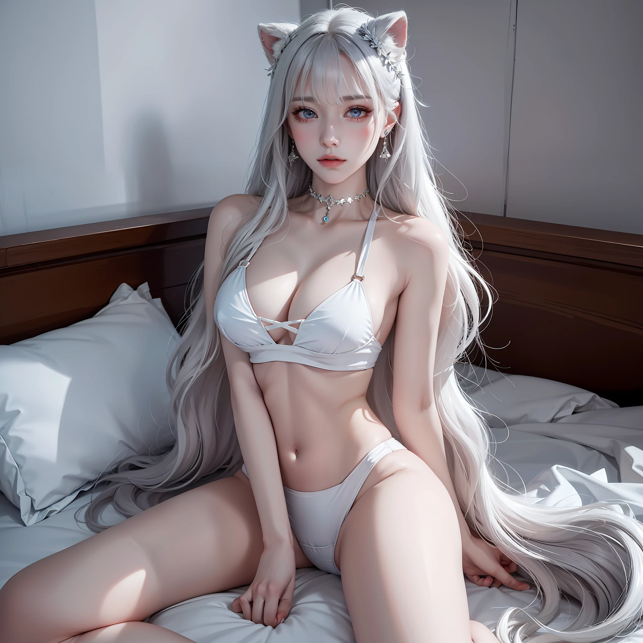 (masterpiece, best quality, 1girl, solo, fine detail, chromatic aberration), realistic, (medium breath), long hair, white hair, silver highlight, hair above one eye, silver eyes, earrings, sharp eyes, choker, neon shirt, big breasts, white bikini, (symmetrical eyes), (perfectly symmetrical body), laying in bed, bright lights, looking at the audience,full body,blushing,pale skin,arms down, skinny, thin skin,full lighting,sleeping in bed