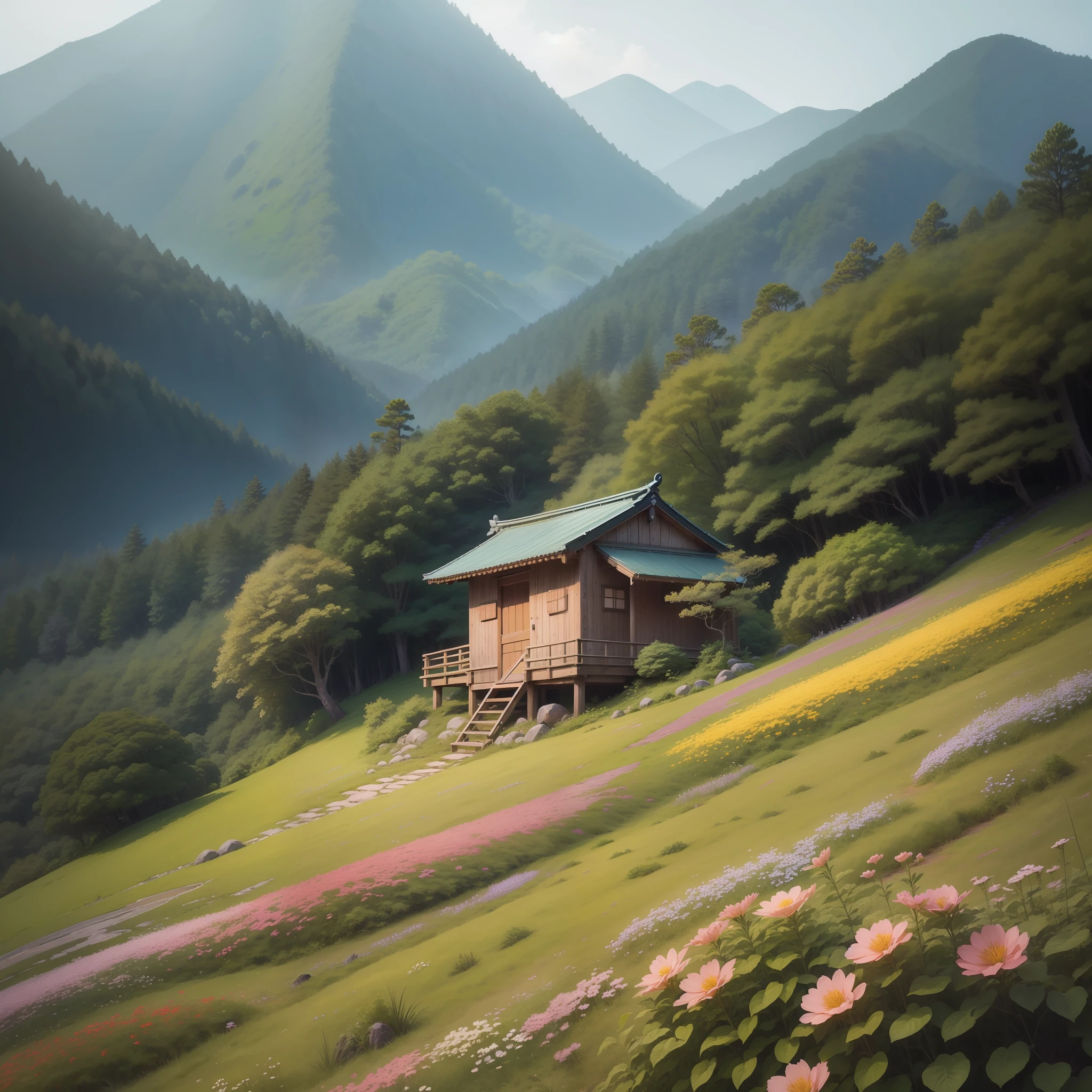 Little hut hidden in the forest, Japan landscape, RAW photography, realistic, from the side, divine rays, flowers, UHD, masterpiece, award-winning, best quality, 16k,