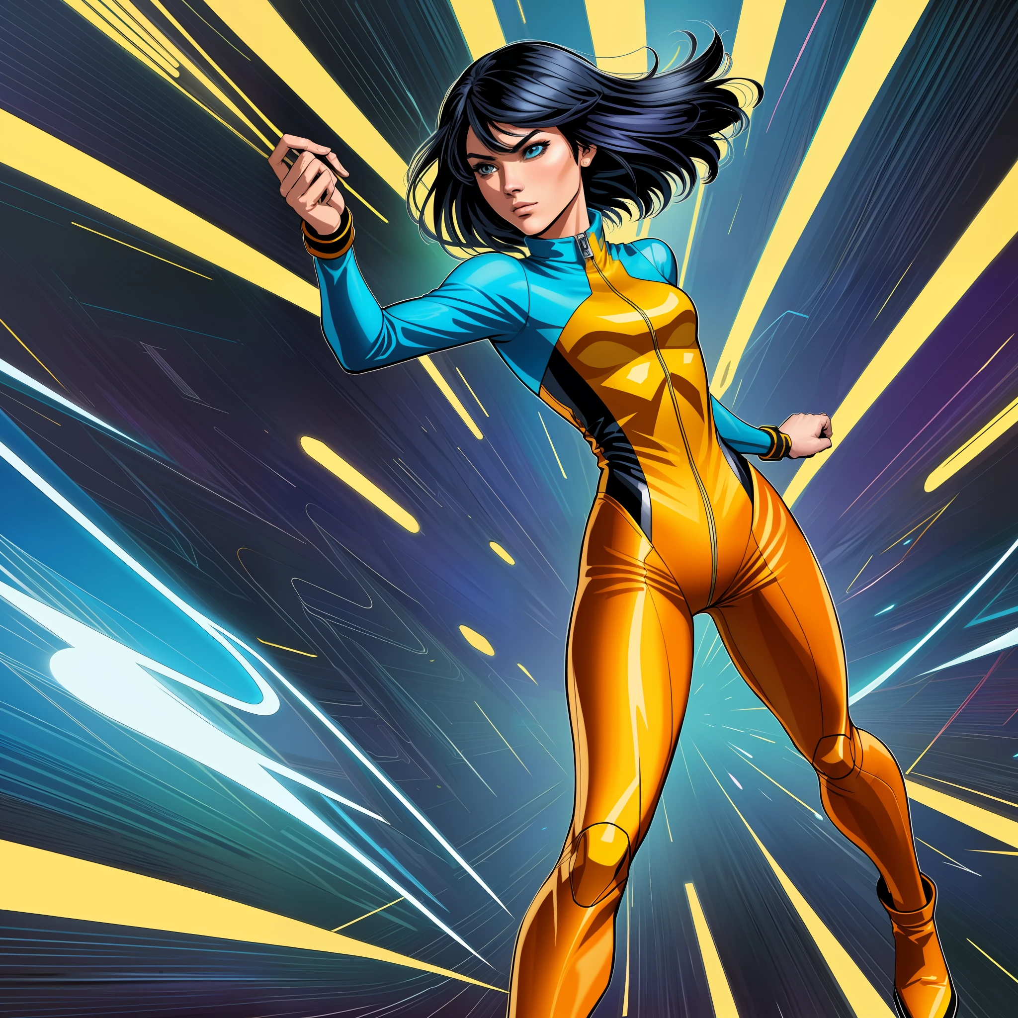 (comic style:1.3), (line art:1.5), (full body),(masterpiece, award winning, best quality:1.3), (flat color:1.3),(colorful:1.3)(futuristic city), ((solo)), 1 asian woman, super speedster, black hair (bob), wearing a blue bolero jacket over an orange spandex cat suit, orange energy, running through a futuristic city, speed lines, watercolor painting, art by Jim lee, cinematic, masterpiece, , detailed background, detailed material textures, serious, realistic 1.35, muscular 1.2