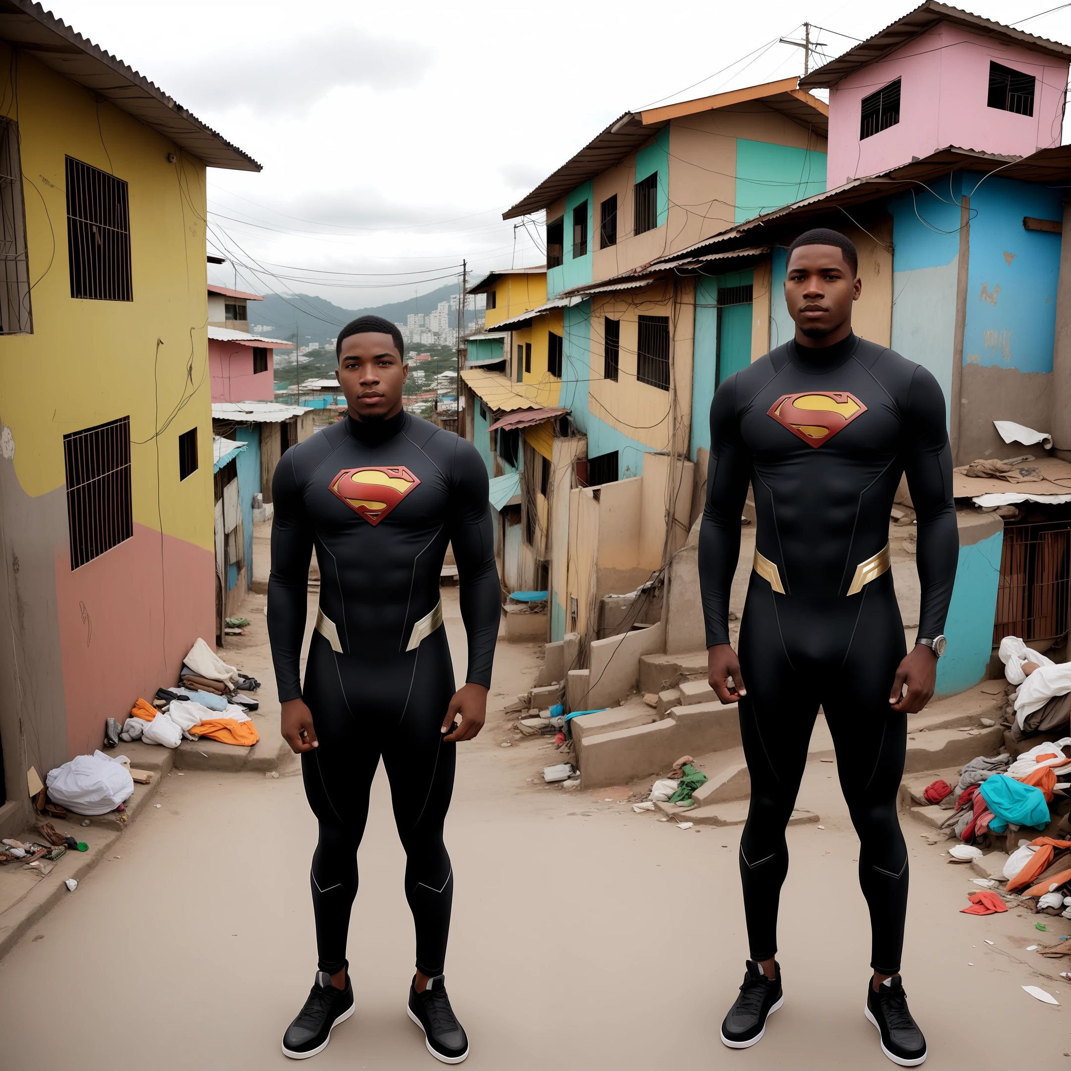 Black man in superhero clothes in favela