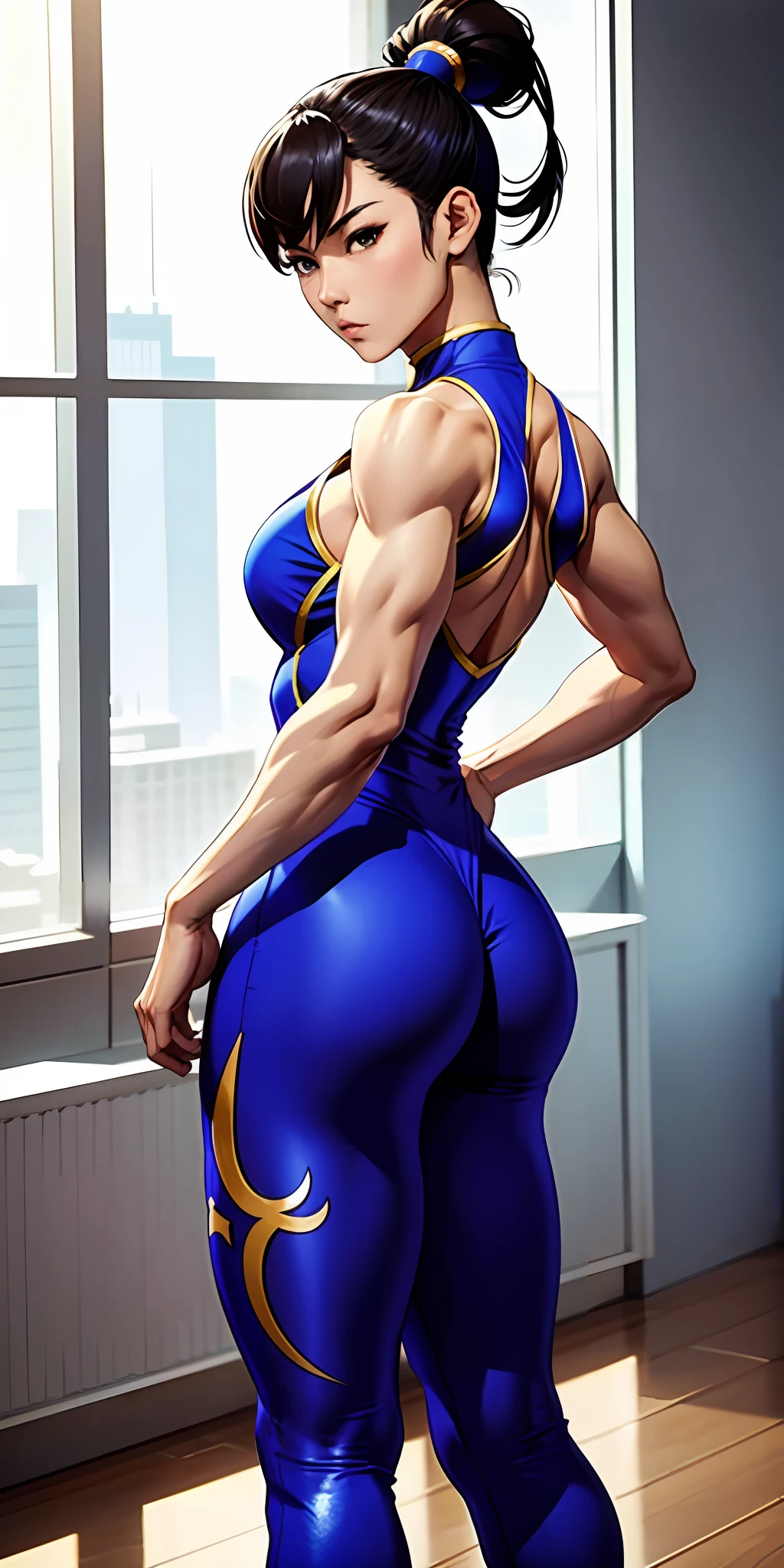 Chun li bodybuilder, beautiful face, serious face, perfect body, fit body, muscular, full body, leggings, long dress, ass