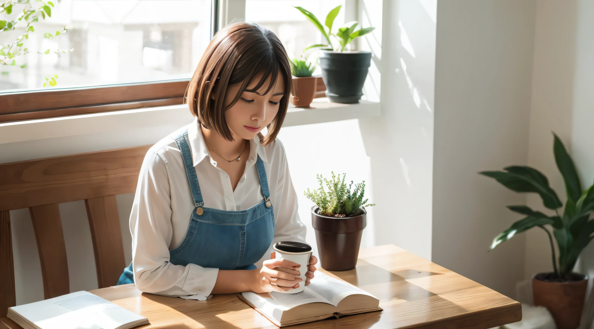 A woman sitting in a coffee shop looking down at a book, holding a cup in one hand and a book with the other, a pot of green plants on the table, a white window screen swaying in the wind, medium view, natural light