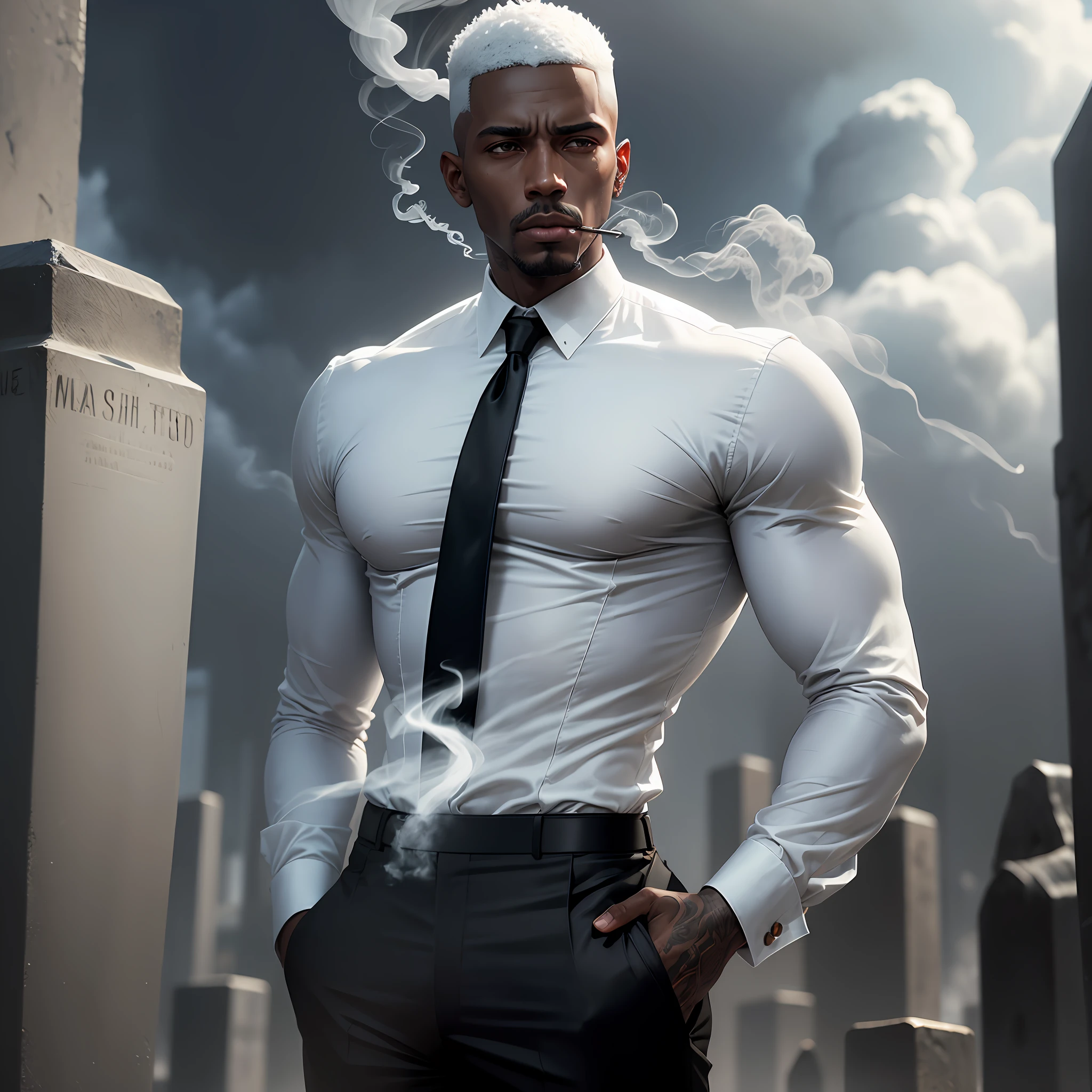 Black man with short hair, white hair, low fade cut, wearing a white dress shirt, a black tie, black pants, strong and tall man, smoking a cigarette, cemetery, cloudy day, 8k, ultra realistic, very detailed, folded sleeves, arm with tattoos, cinematic, art by Antonio J. Manzanedo --auto --s2