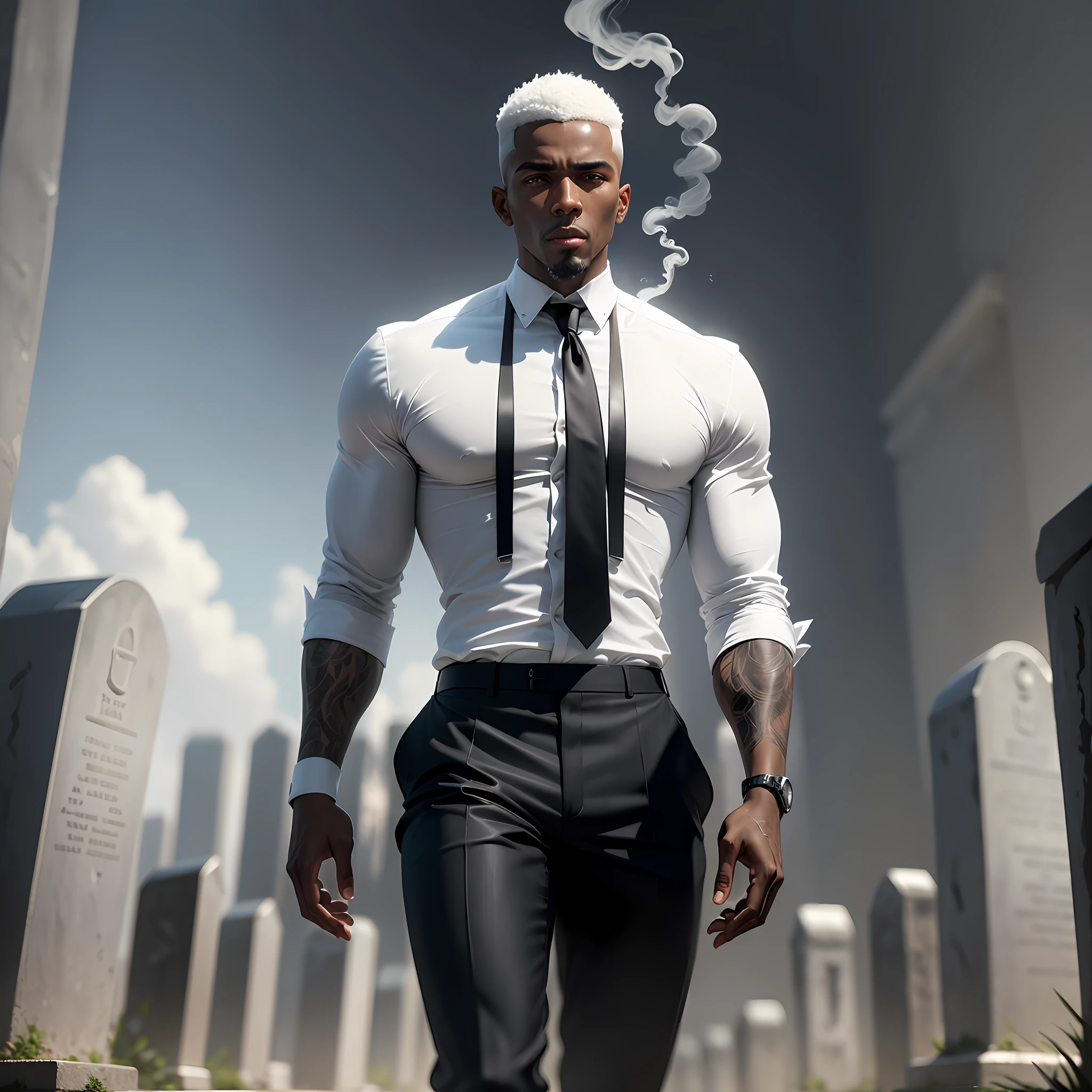 Black man with short hair, white hair, low fade cut, wearing a white dress shirt, a black tie, black pants, strong and tall man, smoking a cigarette, cemetery, cloudy day, 8k, ultra realistic, very detailed, folded sleeves, arm with tattoos, cinematic, art by Antonio J. Manzanedo --auto --s2