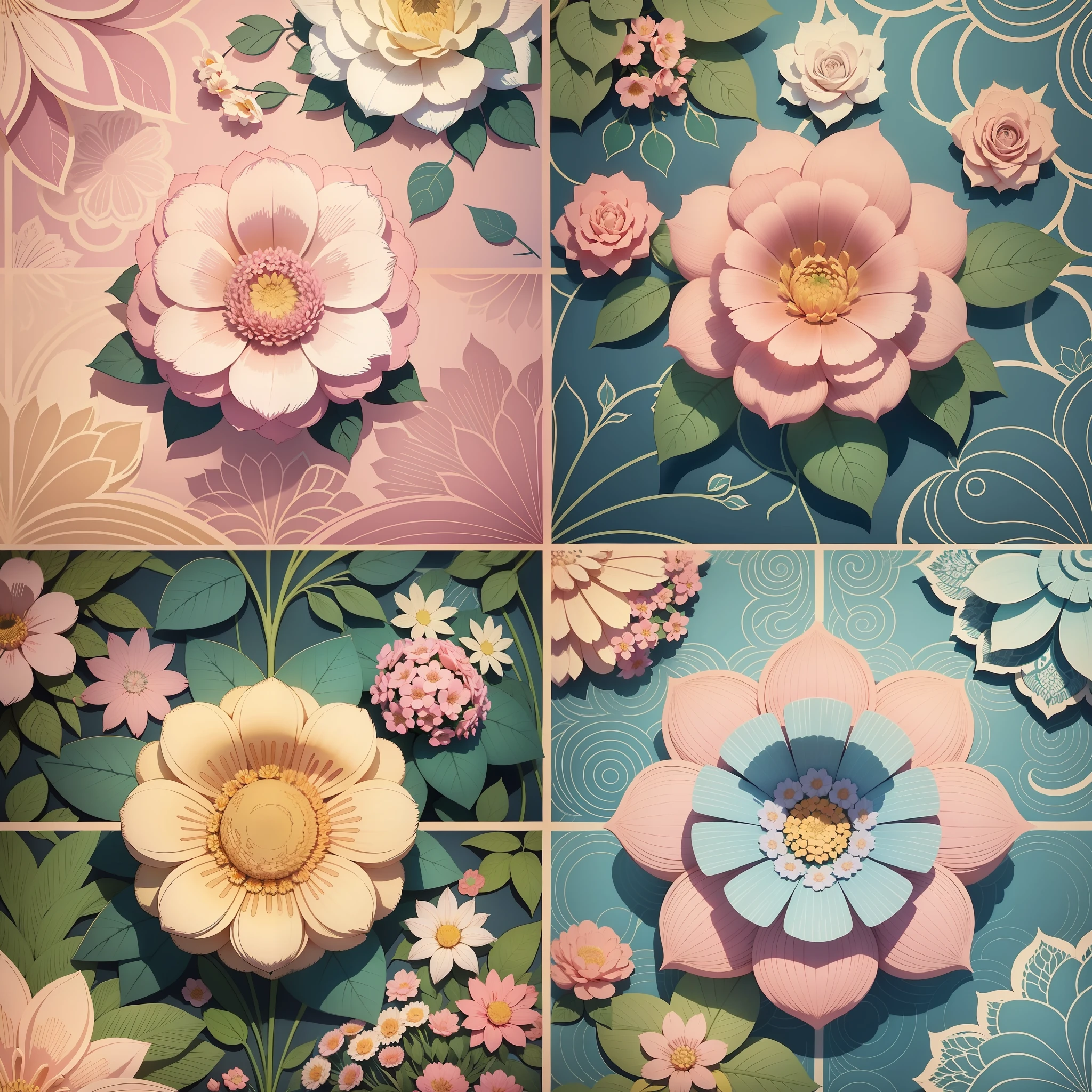 Set pattern of large flowers with plants, defined shape, flat style, vector style, drawing style, naïve style, wallpaper style, in soft pastel colors such as old pink, pastel blue, light blue, beige, pastel yellow. No shadows in images, No 3d, no 2d