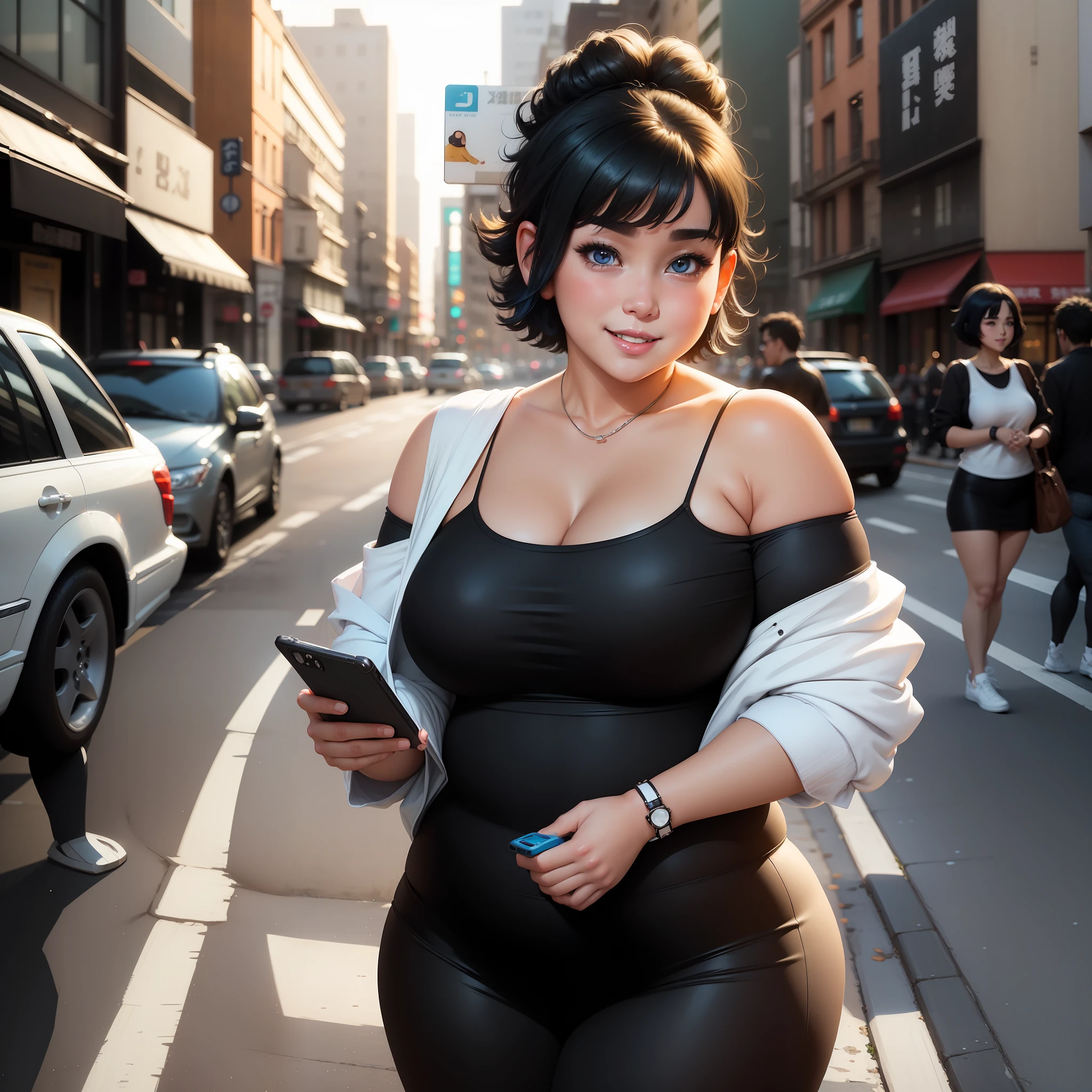 A Cute Girl with white skin, sexy body, size (small), chubby, short hair (up to the shoulders) and black, blue hair tones [bright], happy look, smile, bbwchan, round face, with a cell phone in hand, embarrassed face, anime style, in a city, anime style, realistic lighting, Radiosity, Close Up