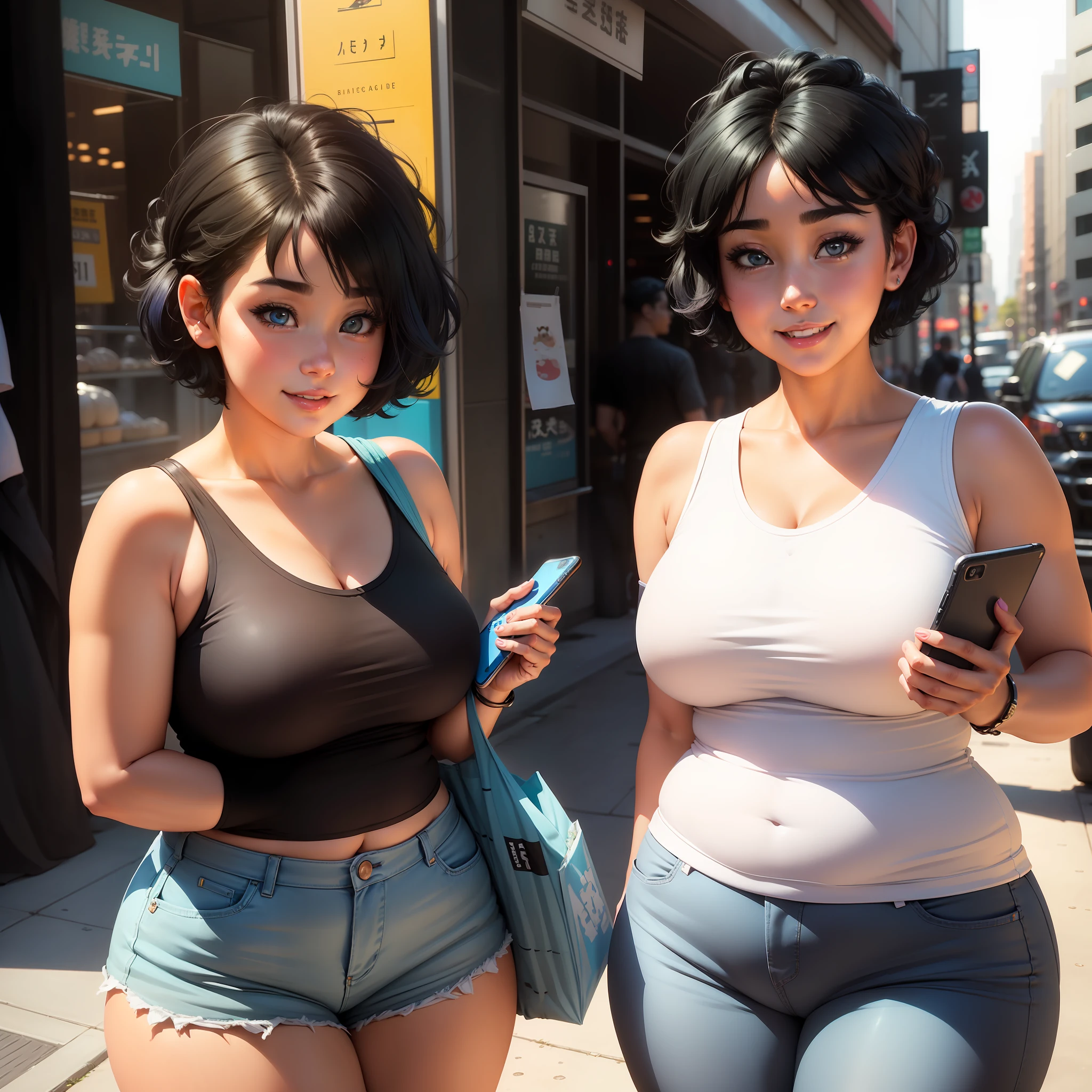 A Cute Girl with white skin, sexy body, size (small), chubby, short hair (up to the shoulders) and black, blue hair tones [bright], happy look, smile, bbwchan, round face, with a cell phone in hand, embarrassed face, anime style, in a city, anime style, realistic lighting, Radiosity, Close Up