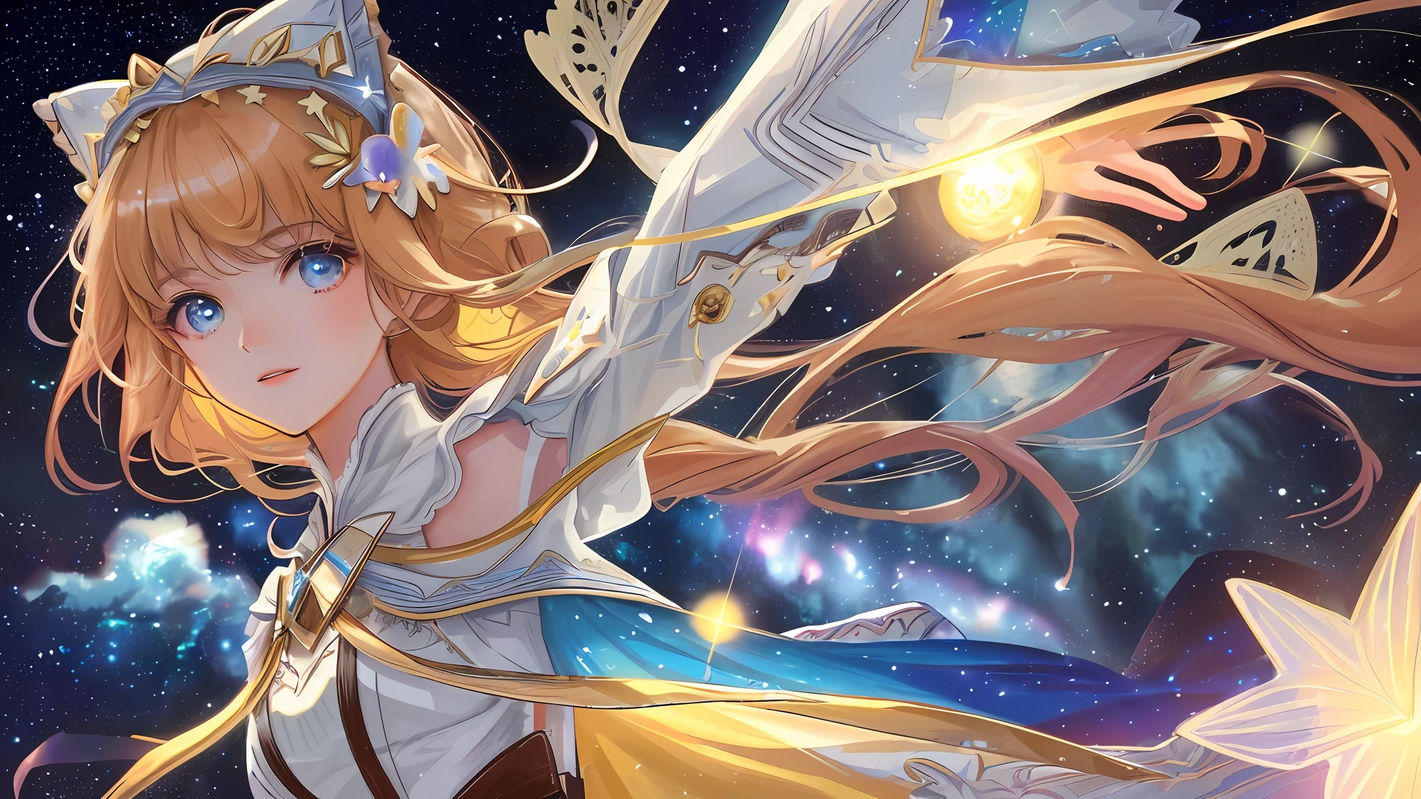 High detail, super detail, super high resolution, girl enjoying her time in the dream galaxy, surrounded by stars, warm light sprinkled on her, background is starry sky with colorful galaxies and galaxy clouds, stars flying around her, delicate face, adding playful atmosphere , --v6