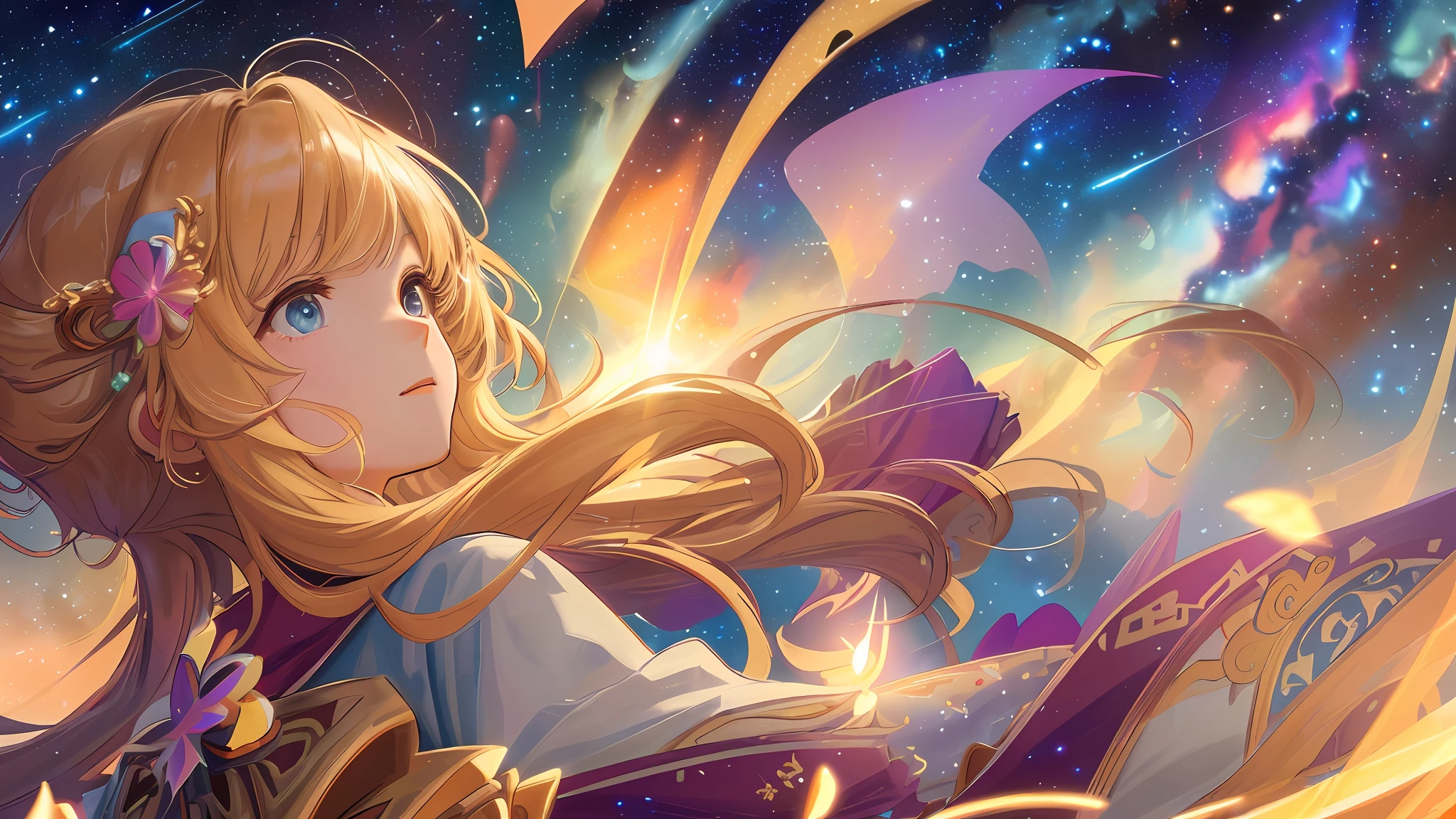 High detail, super detail, super high resolution, girl enjoying her time in the dream galaxy, surrounded by stars, warm light sprinkled on her, background is starry sky with colorful galaxies and galaxy clouds, stars flying around her, delicate face, adding playful atmosphere , --v6