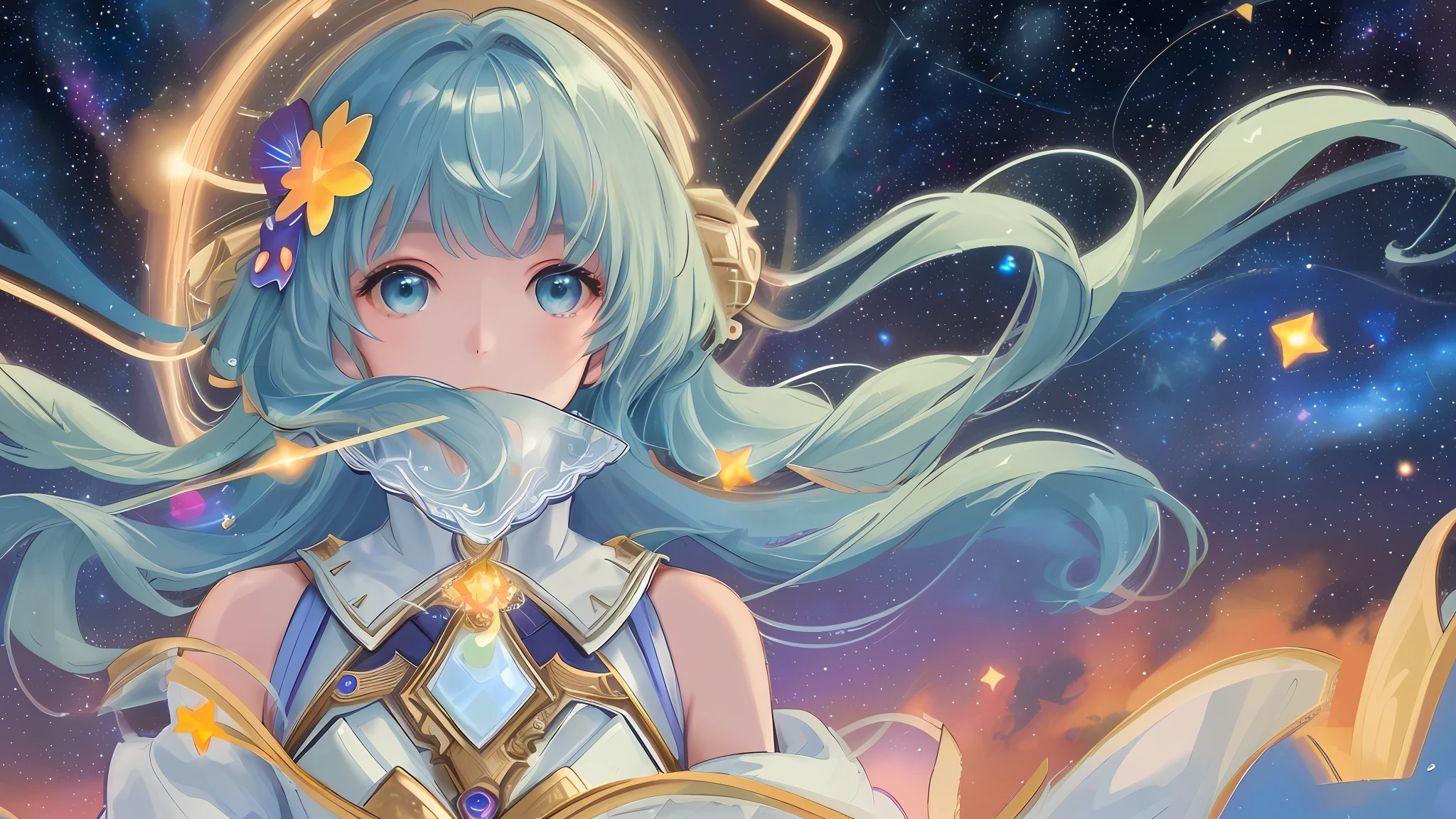 High detail, super detail, super high resolution, girl enjoying her time in the dream galaxy, surrounded by stars, warm light sprinkled on her, background is starry sky with colorful galaxies and galaxy clouds, stars flying around her, delicate face, adding playful atmosphere , --v6