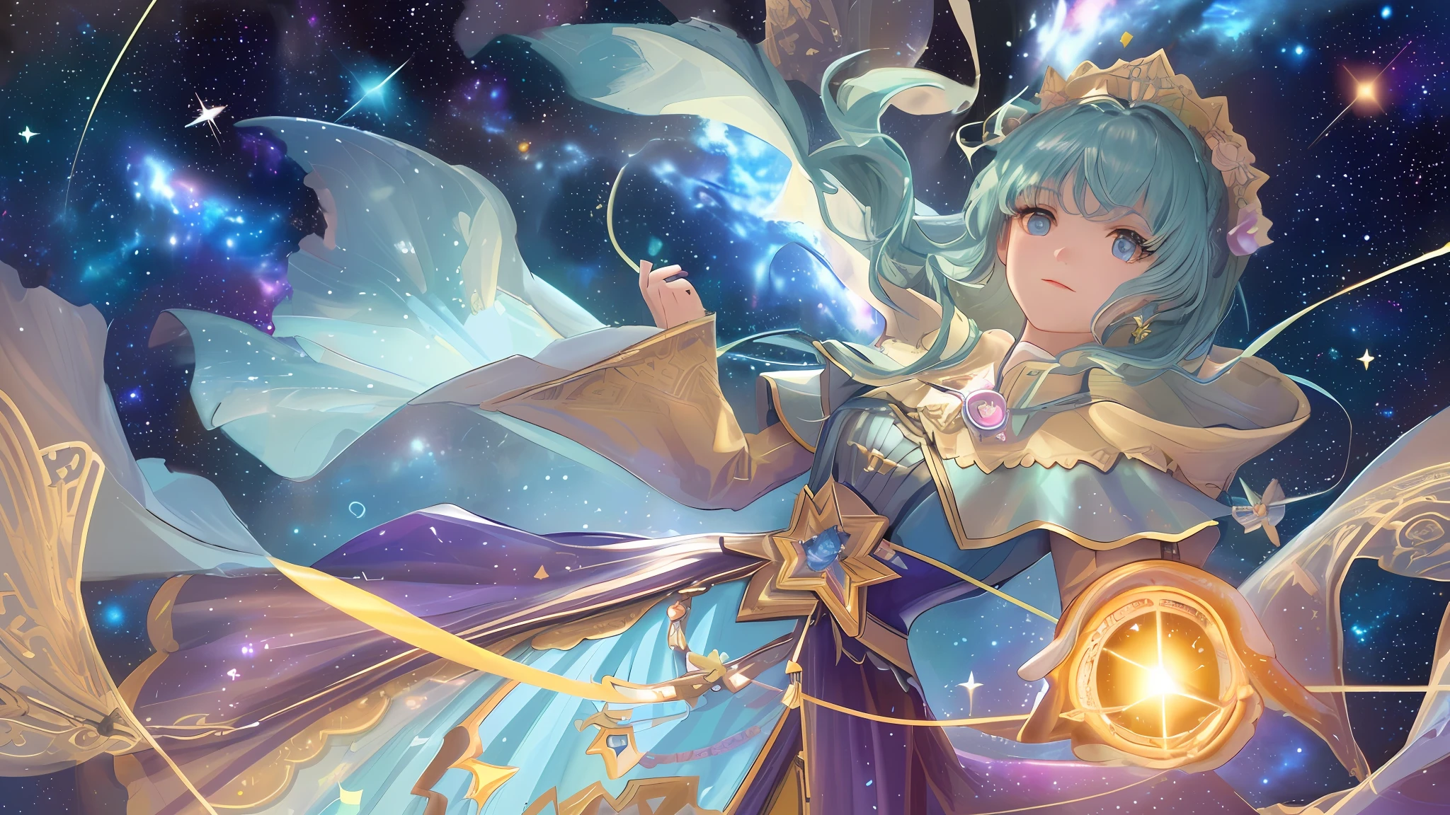 High detail, super detail, super high resolution, girl enjoying her time in the dream galaxy, surrounded by stars, warm light sprinkled on her, background is starry sky with colorful galaxies and galaxy clouds, stars flying around her, delicate face, adding playful atmosphere , --v6