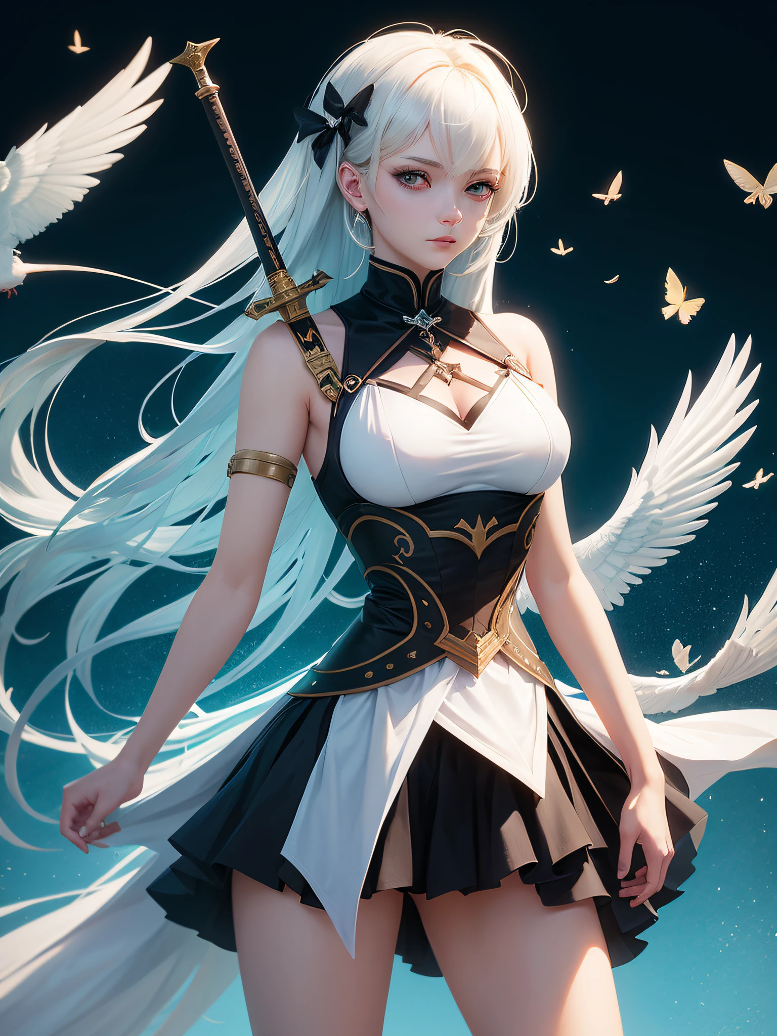 Anime girl holding bird and sword high, 2.5D CGI anime style with exquisite details. Female figures from works such as Azur Lane, Girls Frontline, Azur Fantasy and more, inspired by Guvez, Kavasi and Azure Lane, create fantasy works of art in the style of Girl Frontline.