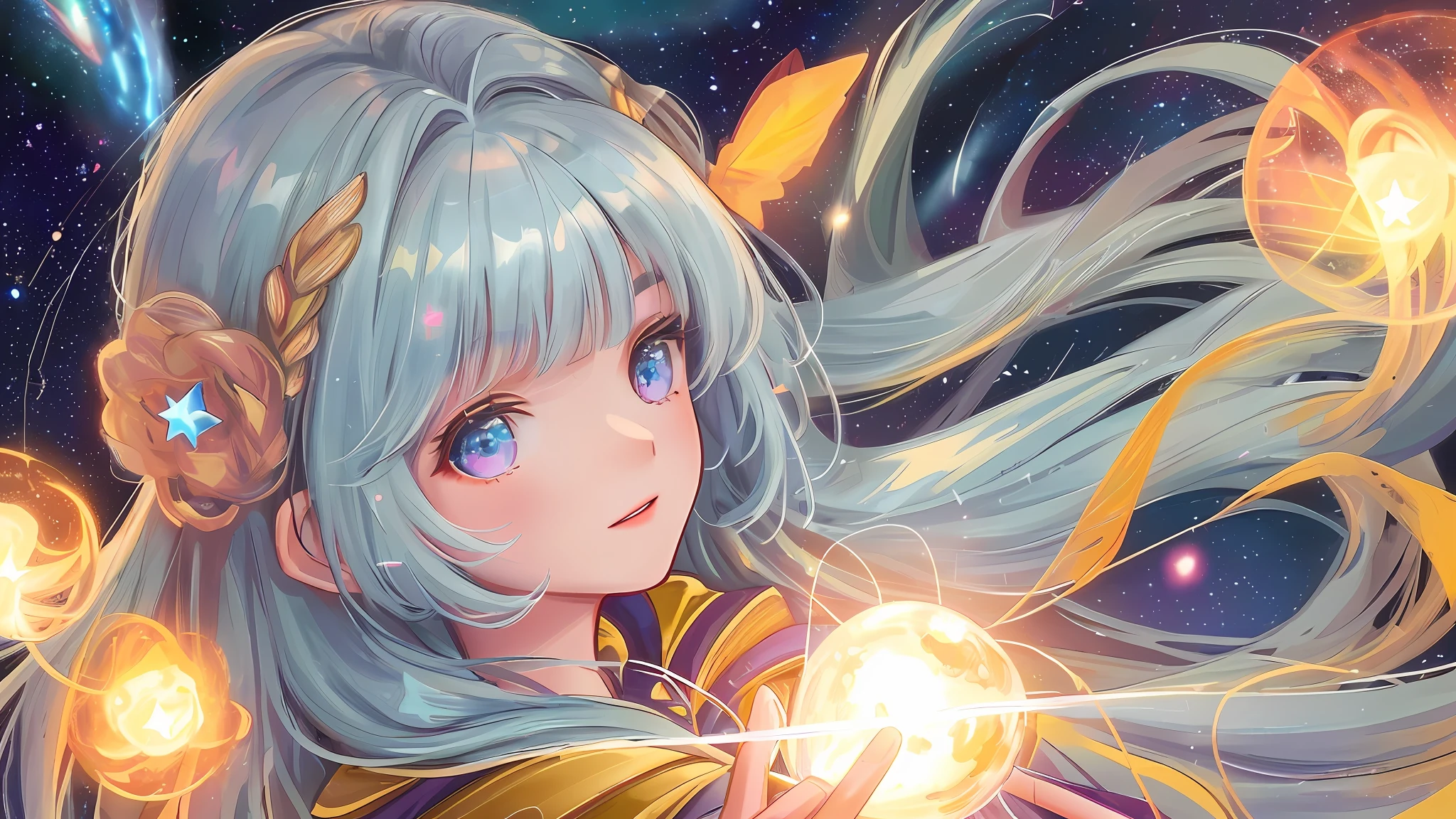 High detail, super detail, super high resolution, girl enjoying her time in the dream galaxy, surrounded by stars, warm light sprinkled on her, background is starry sky with colorful galaxies and galaxy clouds, stars flying around her, delicate face, adding playful atmosphere , --v6