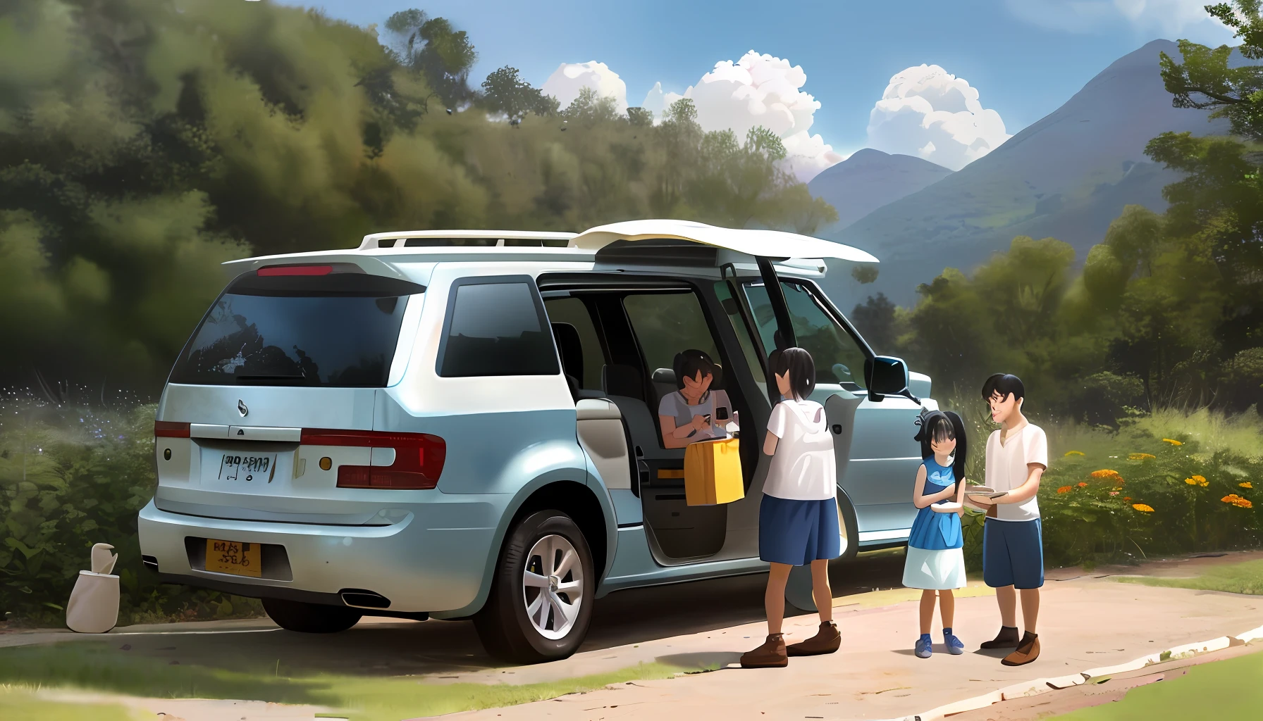 Golden ideal L9 car parked on mysterious lawn, handsome dad and beautiful mom, and their cute kids camping on the side, car parked on the side, and golden retriever, notes, travel, camping table, camping chair, dog, clear sky, clouds, lucus, (masterpiece: 1.2), (best quality: 1.1), (super fine: 1.1), illustration, young one man and one woman and one 3 year old girl, solo, adventure for the whole family, brown backpack, dark green ribbon ponytail, (brown booties: 1.1), detail forest, ( White sleeveless vest, : 1.1), (blue shorts: 1.1), realism, sunshine, mid-chest, happy, (badhandv4: 0.6), (walking: 1.1), (daddy black hair, white T-shirt blue, shorts on BBQ, head looking in direction of mom), (mom, black hair, flowing white gauze skirt, next to camping table, flowers on hands, head looking in the direction of baby), (baby, three years old, pink puffy skirt, cute white top, 2 pigtails, running, chasing butterflies, sweating) sun, freehand, (sweat:1.1), mountain, lake, boat,