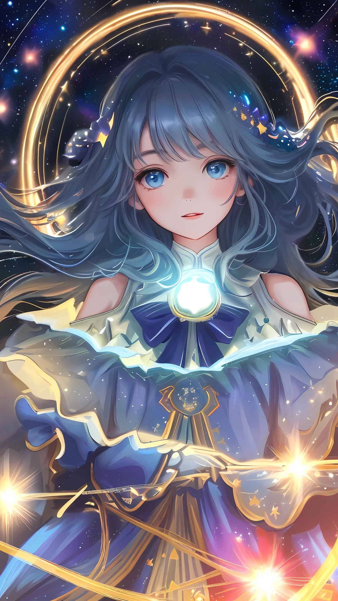 High detail, super detail, super high resolution, girl enjoying her time in the dream galaxy, surrounded by stars, warm light sprinkled on her, background is starry sky with colorful galaxies and galaxy clouds, stars flying around her, delicate face, adding playful atmosphere , --v6