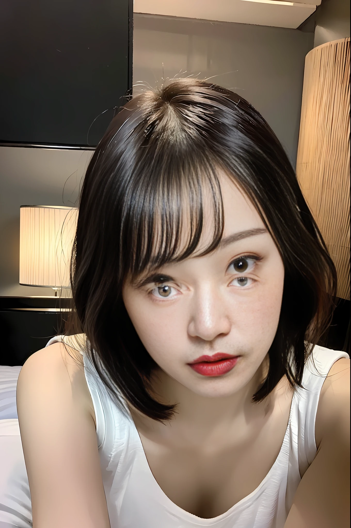 (Short hair)), Japan person, Japan person, 22 years old, 8K UHD, RAW photo, (natural skin texture, realistic eye and face details), (20 year old girl: 1.3), beautiful, cute, black hair, hotel bed, buckshot, sexy pose