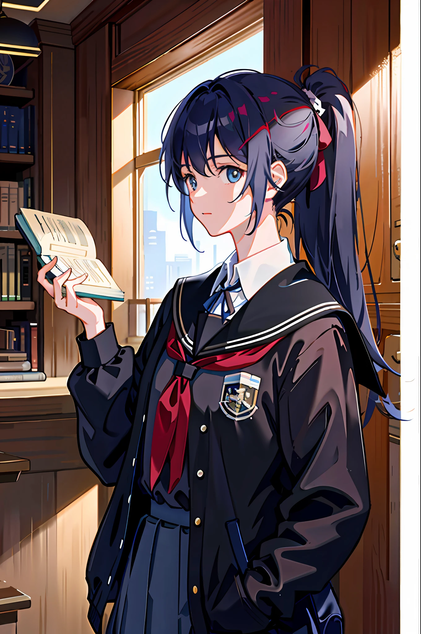 3girl, dormitory, school uniform, backpack, holding a book, ponytail, trends on artstation, 8k resolution, very detailed, anatomically correct, clear images, digital painting, concept art, trends on pixiv, Shinkai Makoto style,