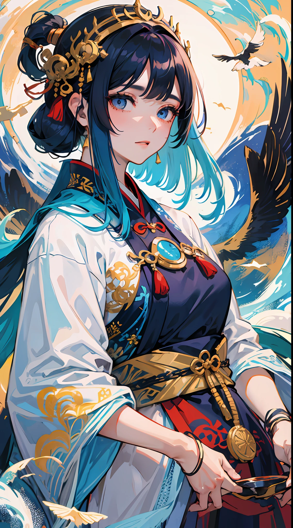 surrounded by birds, ,landscape,ink style, Hanfu, female, line draft, wearing blue Hanfu, has a good face, fair and smooth skin, delicate face, sharp eyes, clear eyebrows, ultra HD, the painting style refers to Song Huizong and Wu Guanzhong, the style of the ancient Sui and Tang Dynasties,wind dancing posture,--ar 9:16 --niji 5 --s 400 --style expressive --auto --s2
