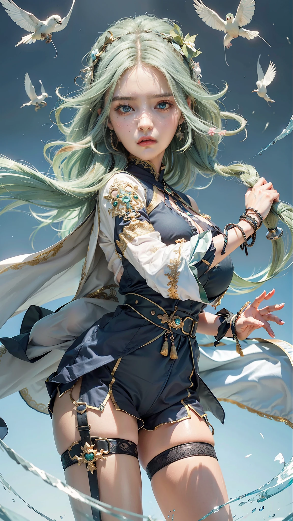 Best quality, masterpiece, big boobs, (large breasts), detailed skin texture, detailed cloth texture, detailed face, super detail, 8k, intricate detail, 1girl, green hair a little bit of blue, pretty eyes and lips