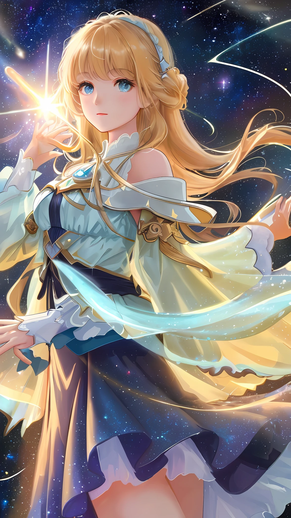 High detail, super detail, super high resolution, girl enjoying her time in the dream galaxy, surrounded by stars, warm light sprinkled on her, background is starry sky with colorful galaxies and galaxy clouds, stars flying around her, delicate face, adding playful atmosphere , --v6