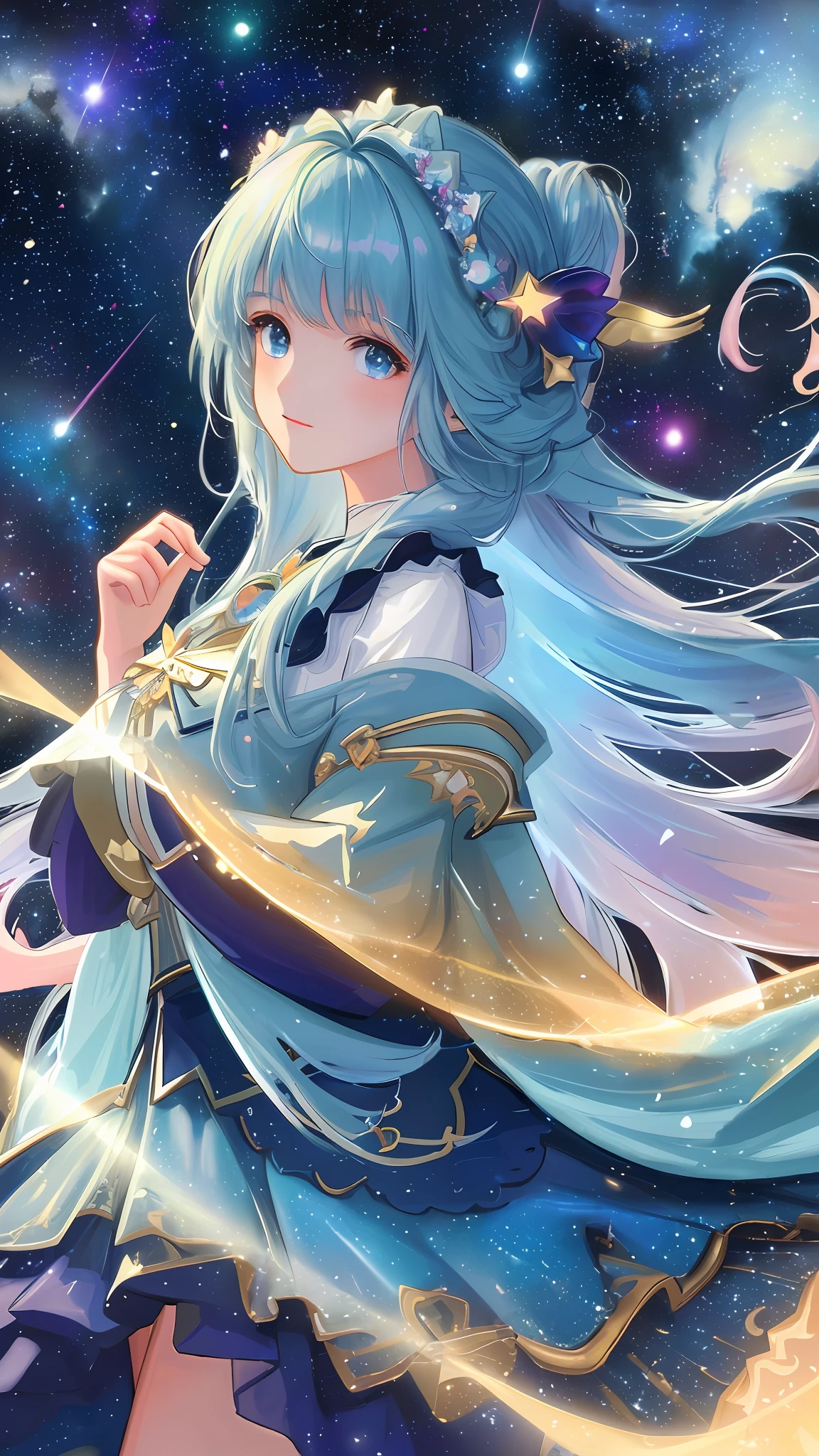 High detail, super detail, super high resolution, girl enjoying her time in the dream galaxy, surrounded by stars, warm light sprinkled on her, background is starry sky with colorful galaxies and galaxy clouds, stars flying around her, delicate face, adding playful atmosphere , --v6
