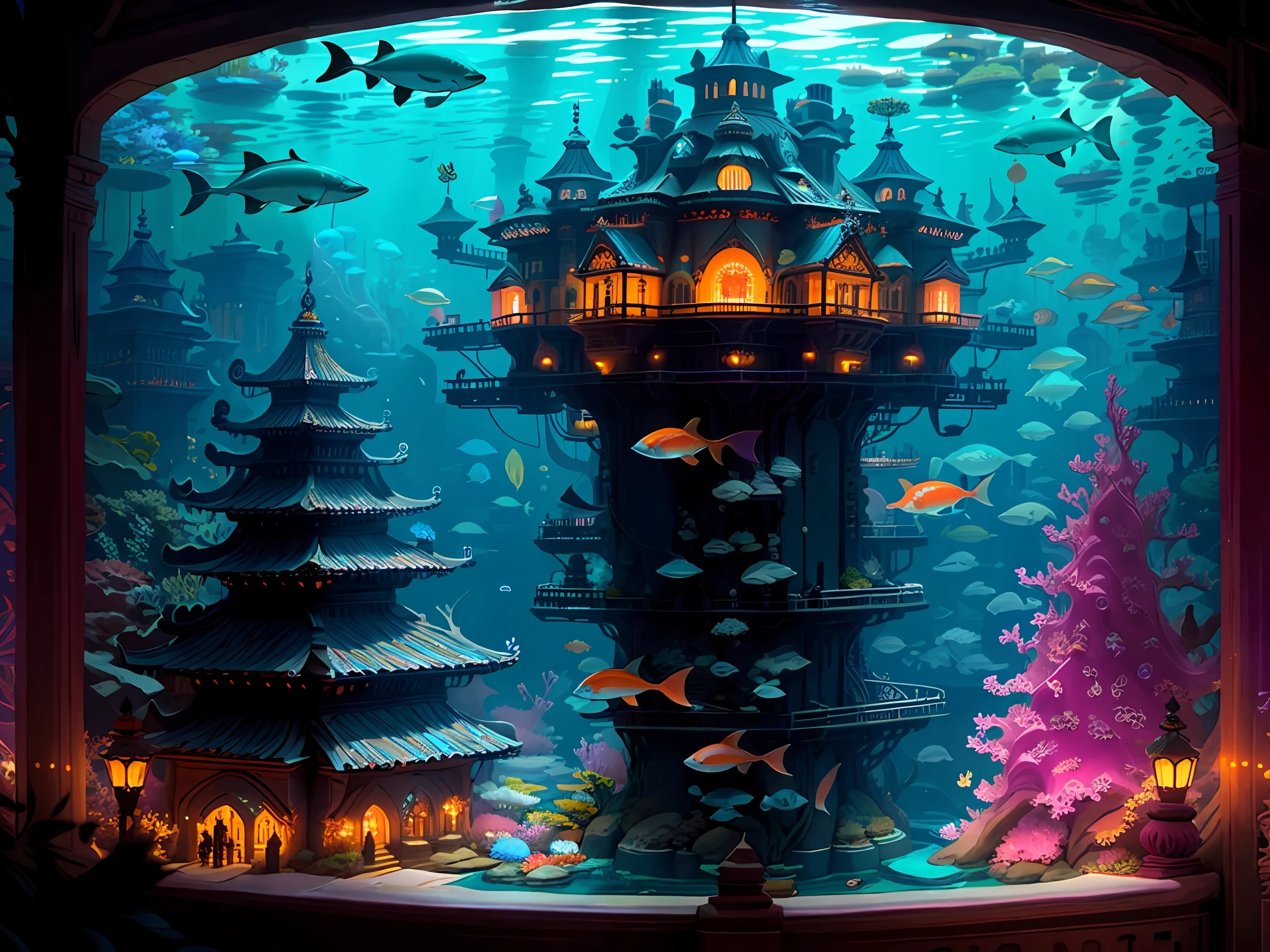 A living underwater city, illuminated by bioluminescent corals and aquatic plants, where fish of all kinds swim gracefully around. In the city center there is a huge, ornate shell throne adorned with pearls and shell jewellery, surrounded by colorful fish, carriages drawn by dolphins carrying dignitaries to the palace, giant sharks