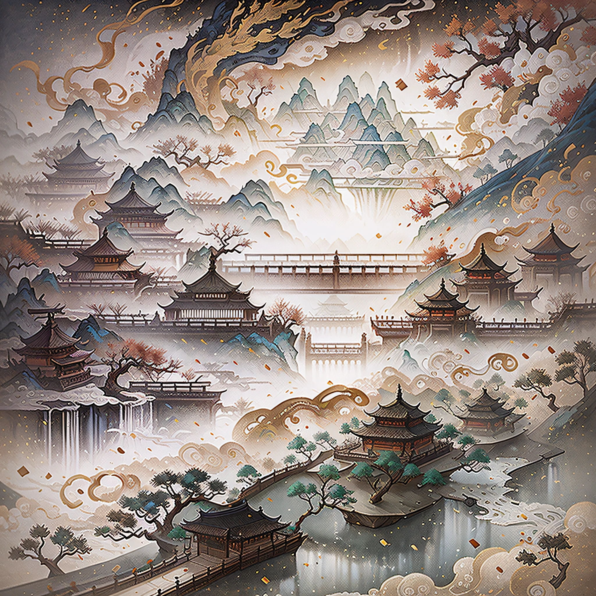 ink wind, ancient chinese painting, ancient chinese background, mountains, river, auspicious clouds, pavilions, sunlight, official art, masterpiece, super detail, epic composition, unified 8k wallpaper, high quality, extremely detailed --auto --s2