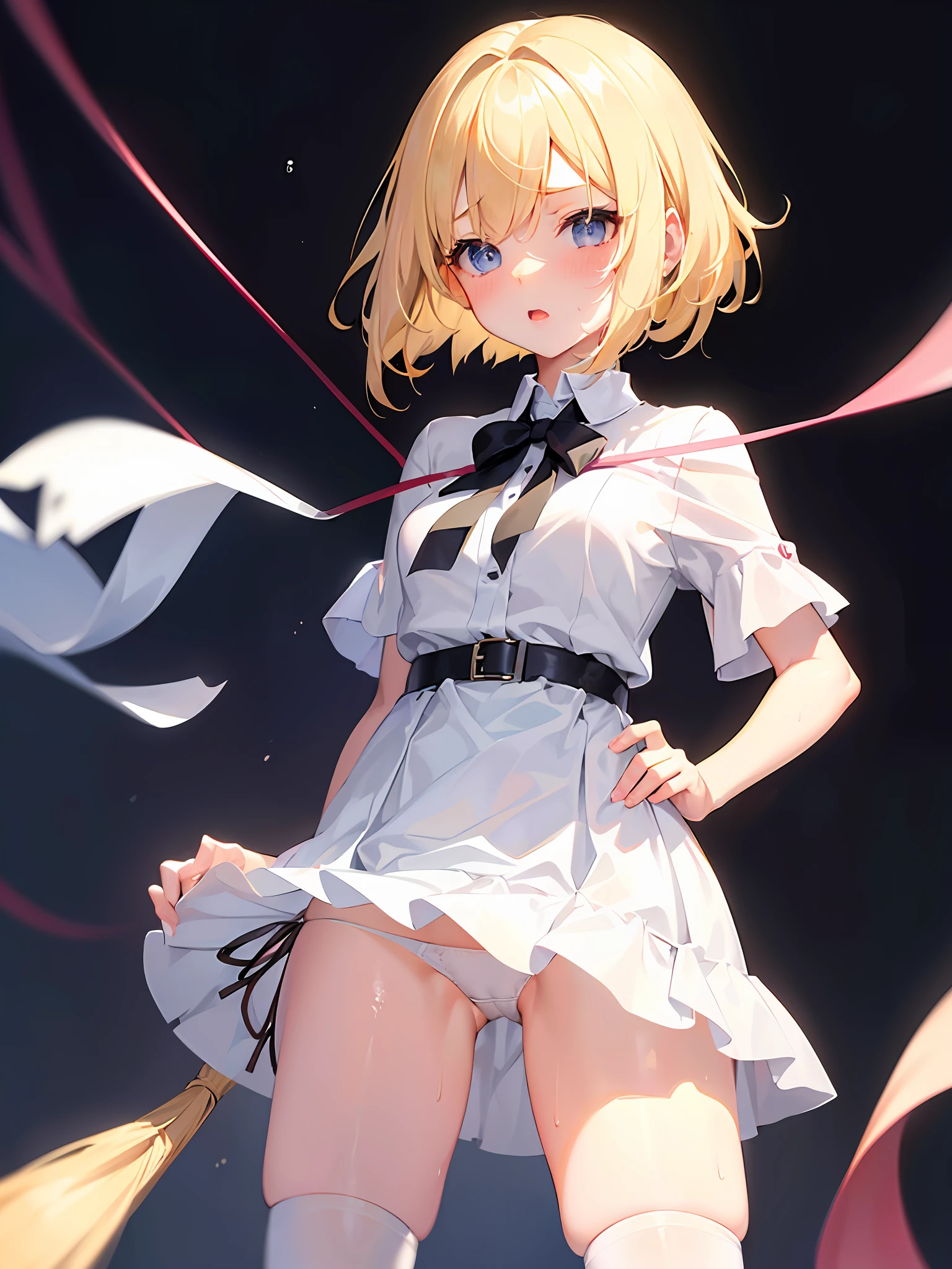 1girl,masterpiece, best quality, high resolution, high resolution, blonde, bob, brown eyes, dull bangs, thin eyebrows, white skin, college girl, dress, skirt fluttering in the wind, socks, drawing pubic hair, cowboy shot, (((white thin string panties)), slide down panties, spread legs wide, (legs wide open), kneeling, standing knees, embarrassed, from below, focus on hips, (lots of sweat) , droopy eyes, beautiful detailed eyes,