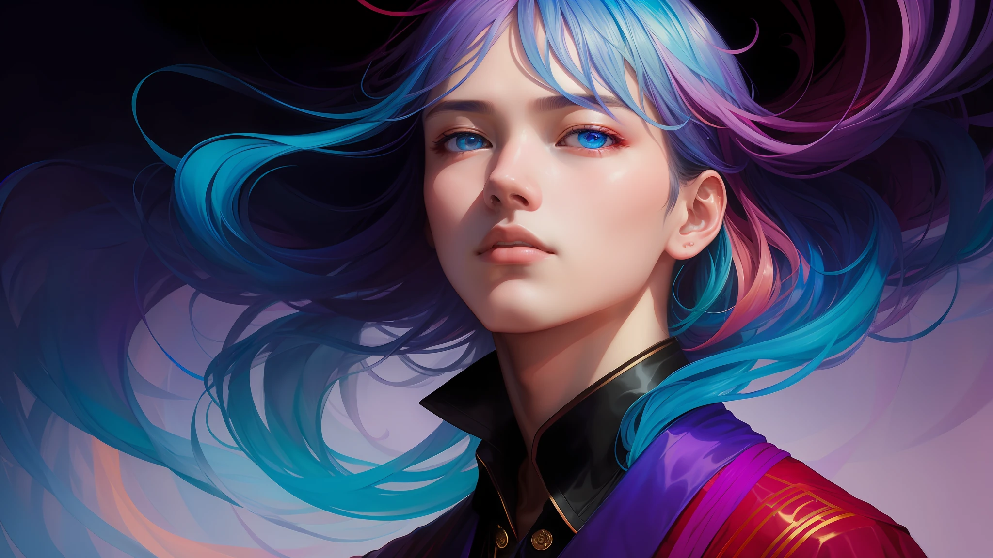 _james jean, floating male figure made of ribbons, smoke, in the sky, colorful and vibrant, mystical colors, contemporary impressionism, yanjun cheng portrait painting, iridescent painting, 3/4 perspective vision, cute face, low angle, sweeping circular composition, large beautiful crystal eyes, large iris, UHD, HDR, 8K, (masterpiece: 1.5), (the most beautiful portrait in the world: 1.5)