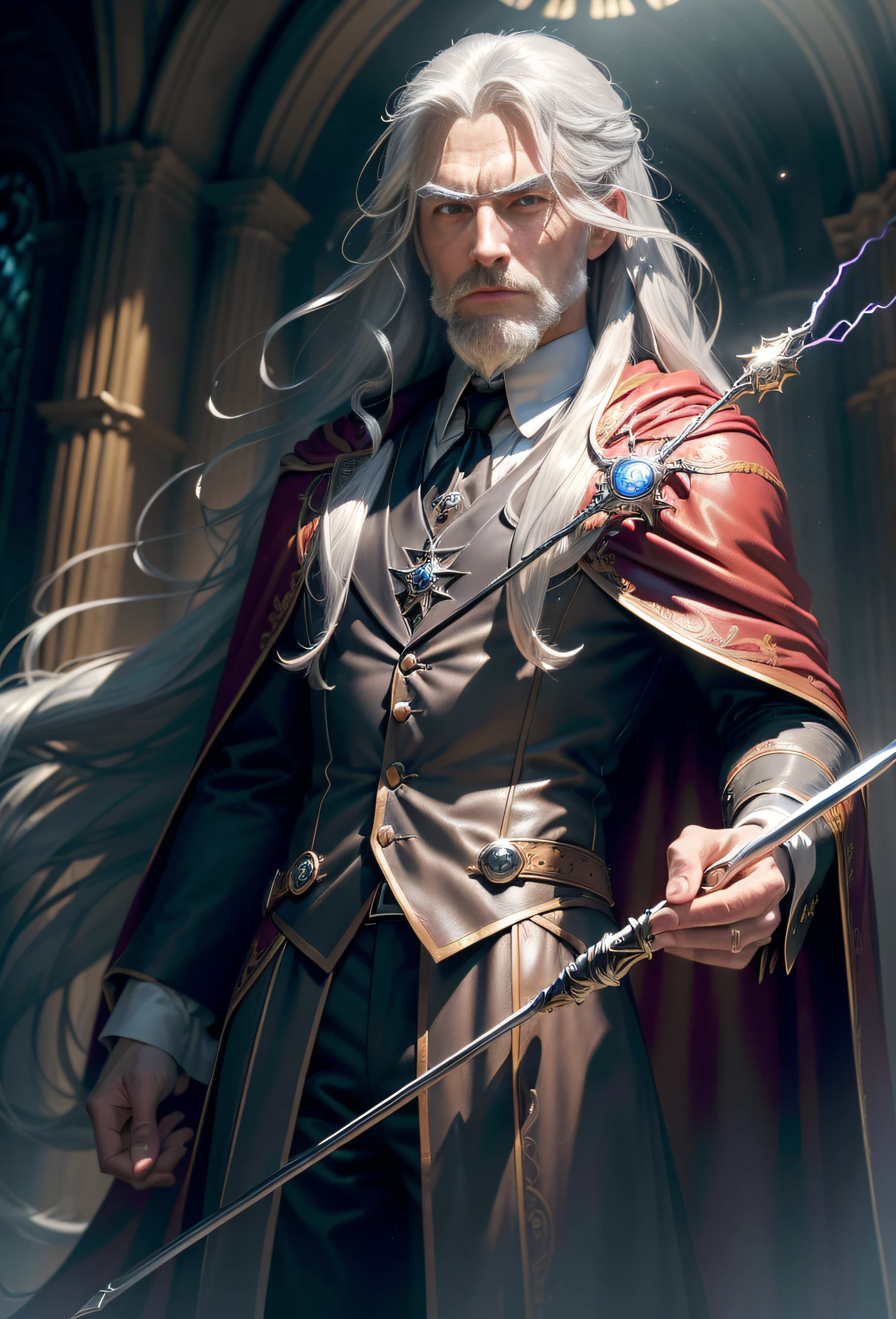 (ultra-detailed CG,a masterpiece):(man with long silver hair and an arrogant expression on his face:1.2),(suit+stylish cape integrated into his outfit),(holding a small wooden wand with a colorful magical light at the tip), dramatic (lighting:1.1,high contrast), dramatic and mysterious (background),with a touch of supernatural,magical,wand,(harry potter style)