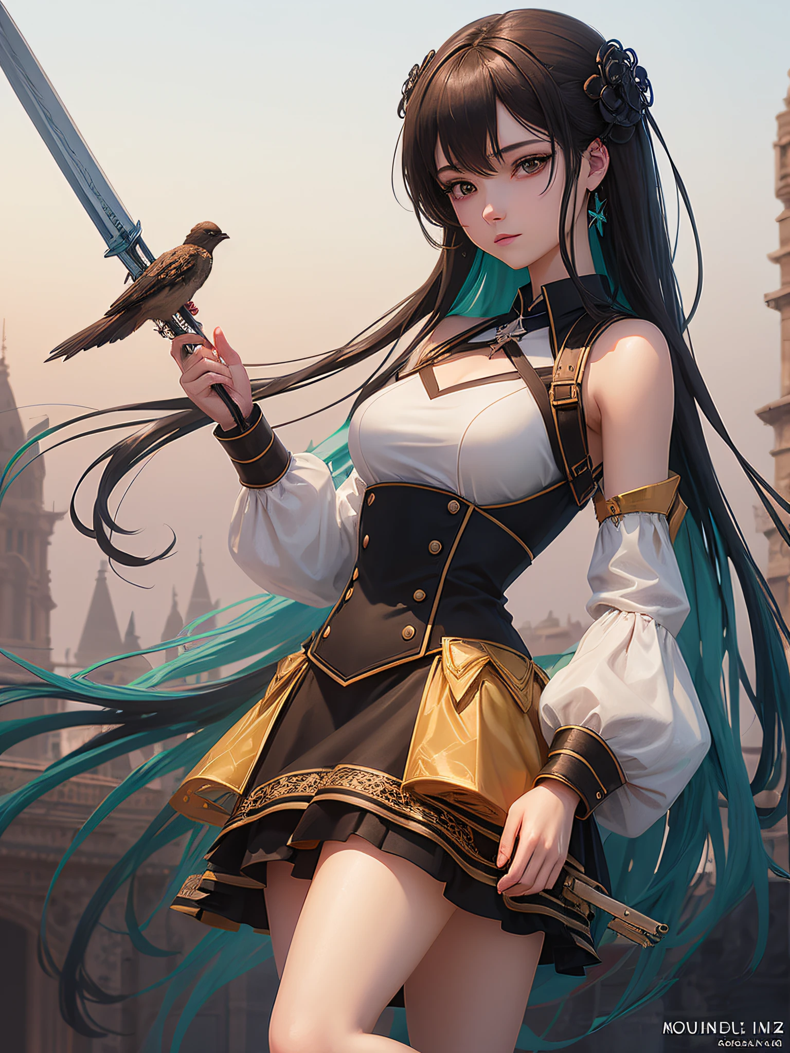 Anime girl holding bird and sword high, 2.5D CGI anime style with exquisite details. Female figures from works such as Azur Lane, Girls Frontline, Azur Fantasy and more, inspired by Guvez, Kavasi and Azure Lane, create fantasy works of art in the style of Girl Frontline. brunette