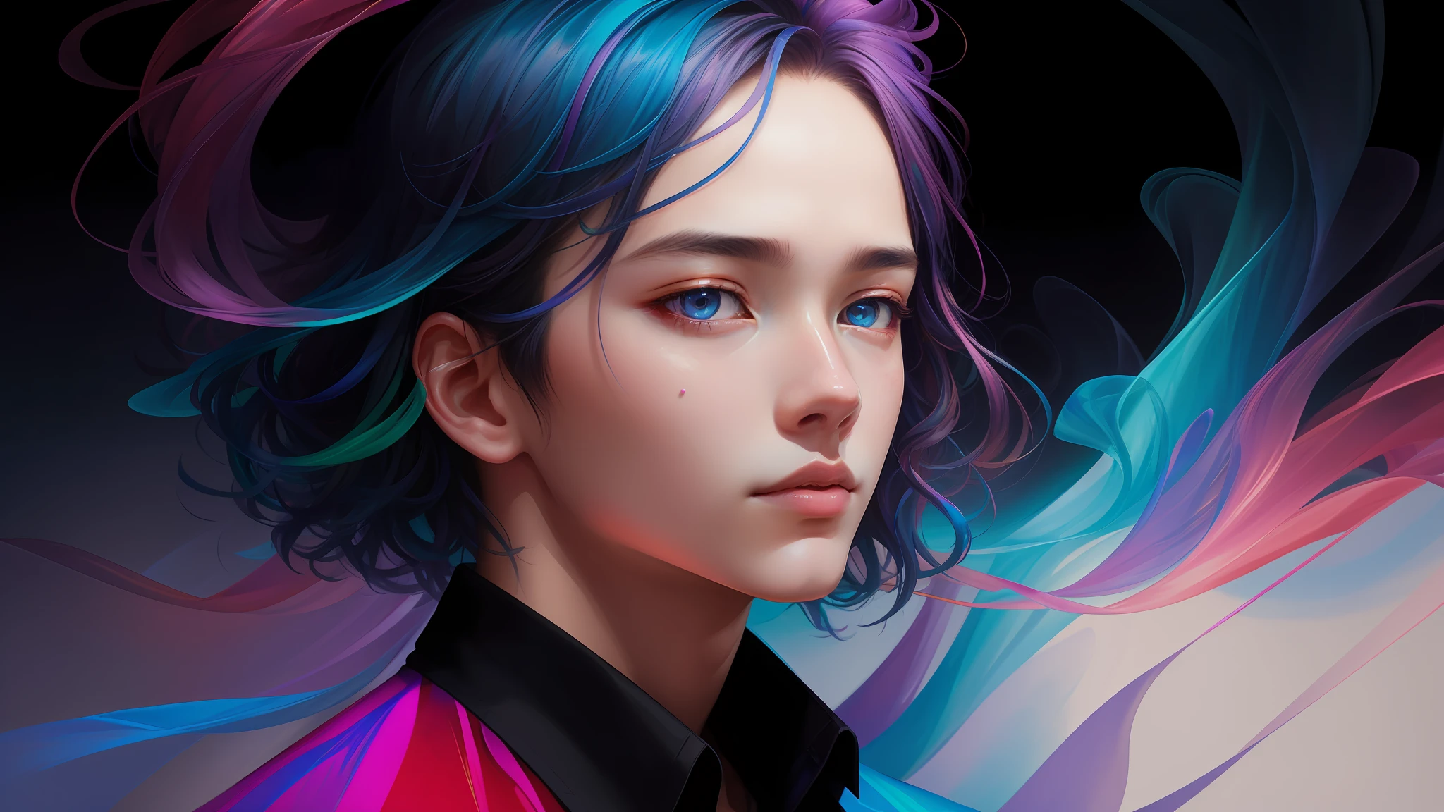 _james jean, floating male figure made of ribbons, smoke, in the sky, colorful and vibrant, mystical colors, contemporary impressionism, yanjun cheng portrait painting, iridescent painting, 3/4 perspective vision, cute face, low angle, sweeping circular composition, large beautiful crystal eyes, large iris, UHD, HDR, 8K, (masterpiece: 1.5), (the most beautiful portrait in the world: 1.5)