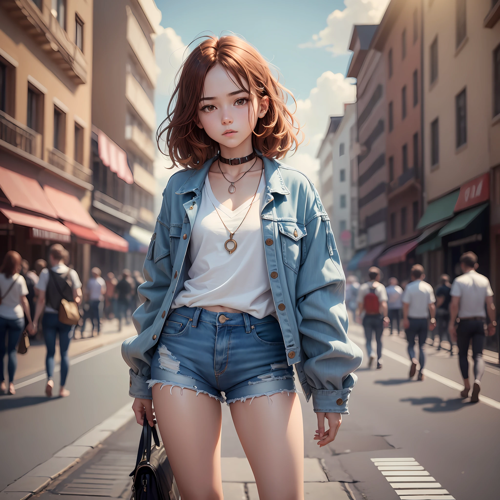 ((medium chest, tomboyish girls, small head)), daylight, sunlight, (short wavy hair: 1.2) , auburn hair, collar, chain, full body shot, crowded street, wearing white shirt, denim jacket, ((shorts)), (extremely detailed CG 8k wallpaper), (an extremely delicate and beautiful one), (masterpiece), (best quality: 1.0), (ultra highres: 1.0), beautiful lighting, perfect lighting, realistic shadows,  [highres], detailed, ultra-detailed skin --auto --s2