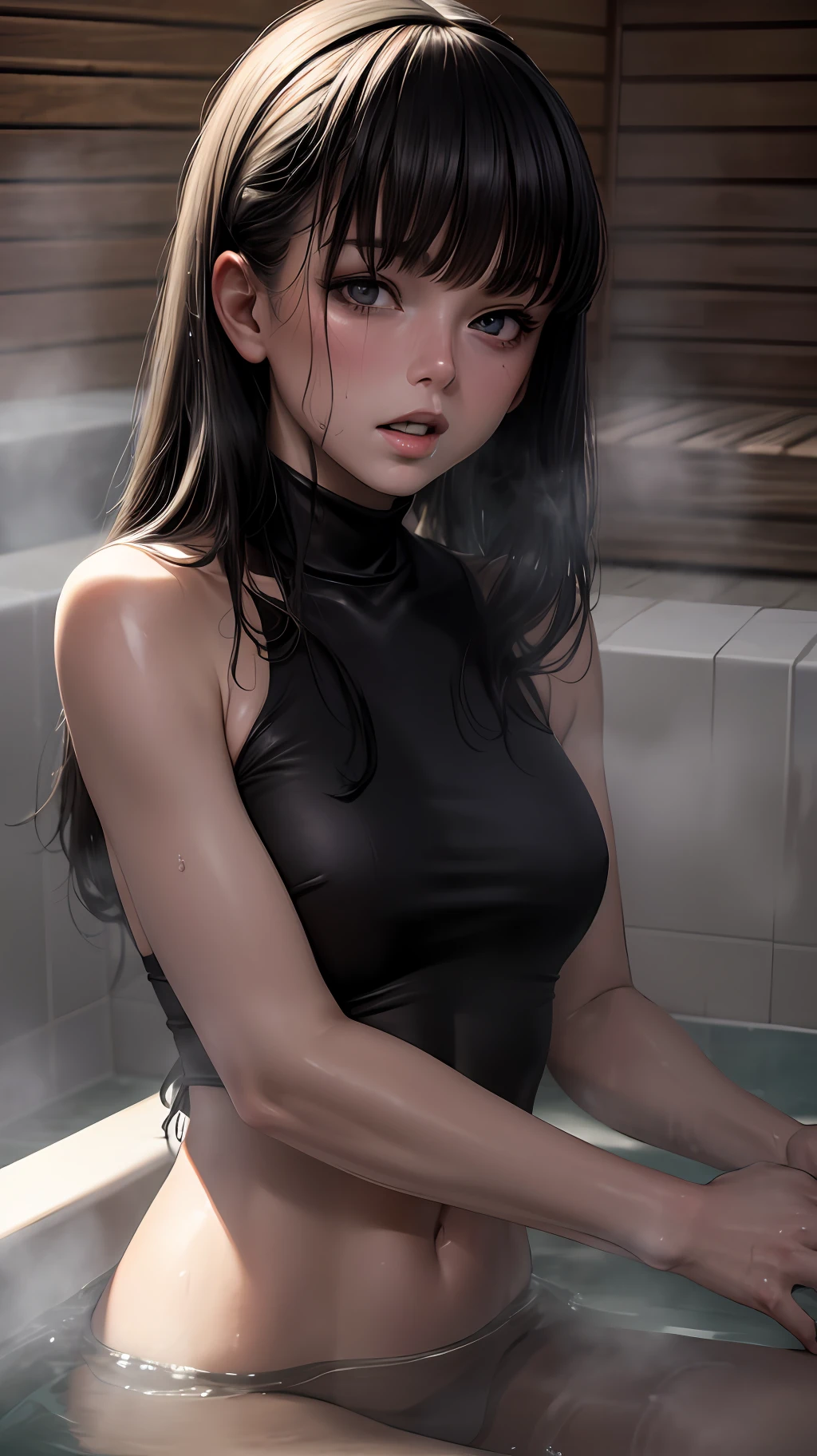 Superior Quality, Masterpiece, Ultra High Resolution, (Photorealistic: 1.4), Raw Photo, Deep Shadows, a girl, in a bathtub, wearing a towel, black hair, dark eyes, bangs, white towel, wet, sculptural body, sauna, open mouth,