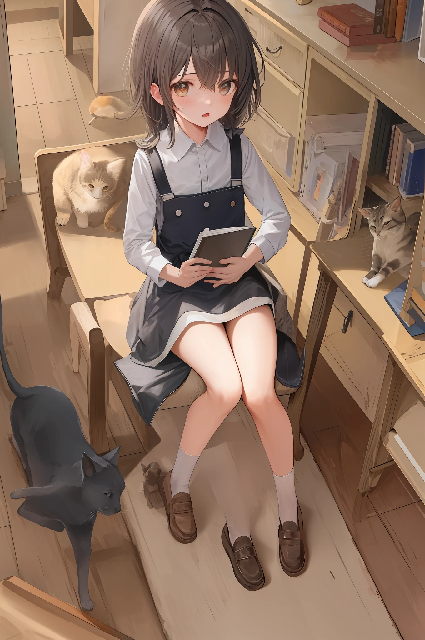 , holding book, sitting in a chair, in front of desk, cat on the desk