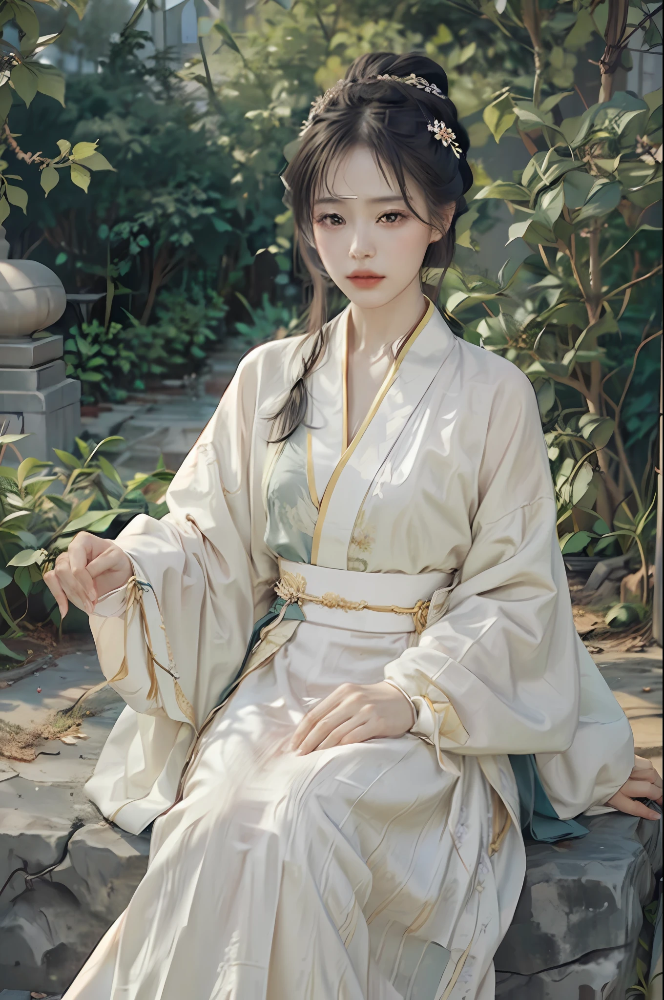 There are flowers on the hair, Hanfu,Girl in Hanfu, wearing ancient Chinese clothing, Traditional beauty, 1girl, solo, waist up, hanfu fashion, (flower blossom:1.2) jewelry, ancient art, chinese, long_hair, cloud, white smoke official art, unity 8k wallpaper, ultra detailed, aesthetic, photorealistic, masterpiece, best quality,photorealistic