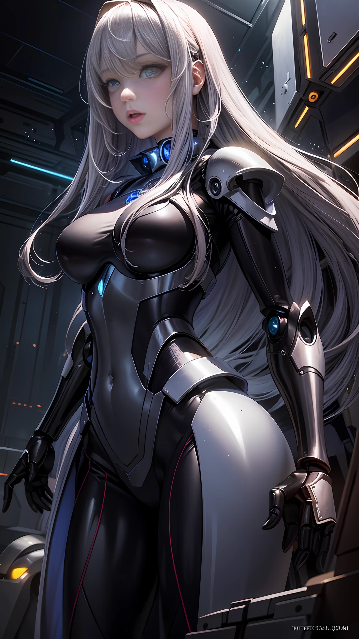 masterpiece, best quality,
1girl, solo, long hair, photorealistic, 
(finely detailed beautiful eyes: 1.2),open clothes, glowing eyes, shiny hair, lustrous skin,((1 life-like robot)), metal construction, wires and cables, (glowing eyes), (mechanical arms), science fiction,(large mecha arm),cowboy shot, energy tank,