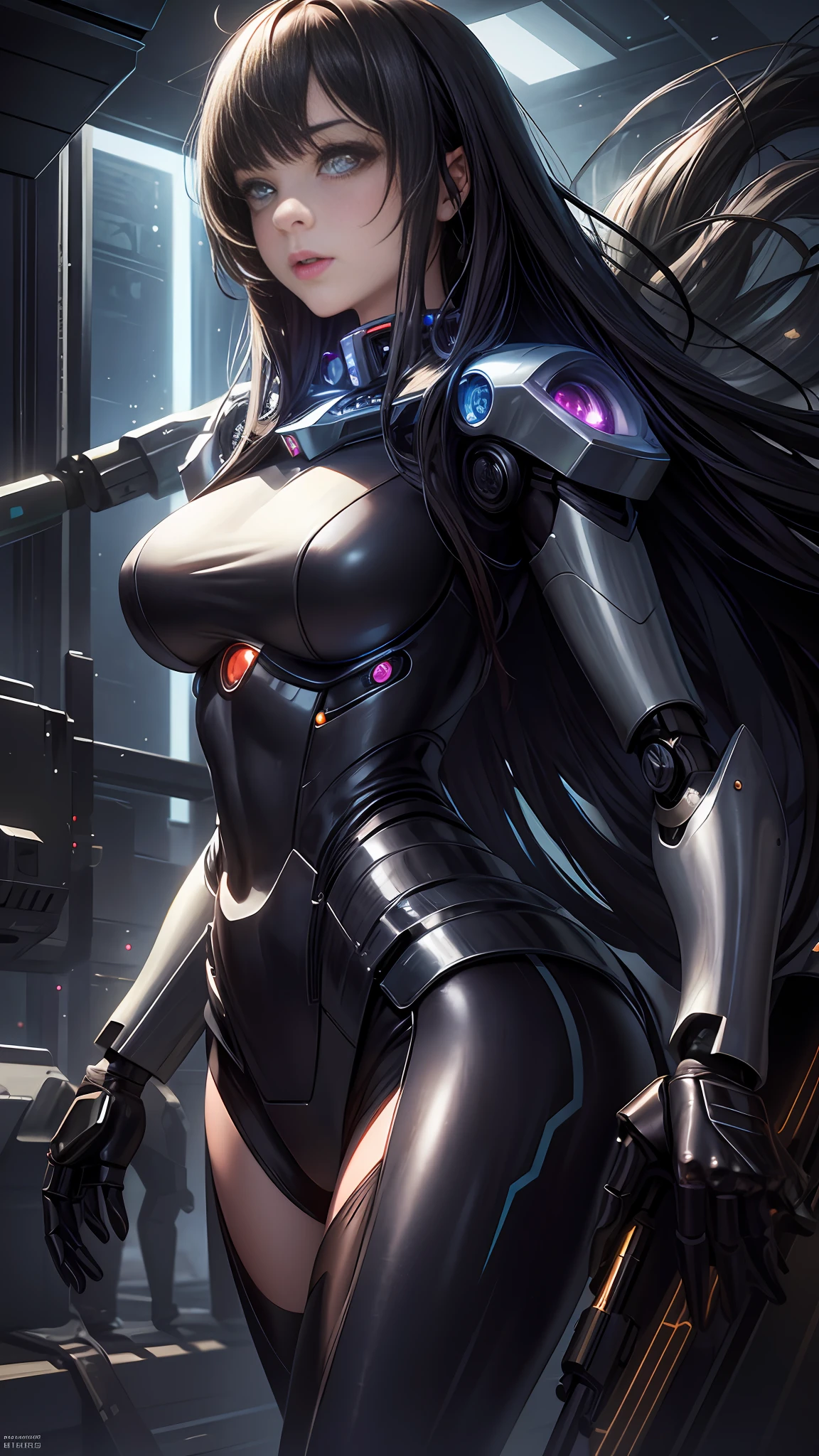 masterpiece, best quality,
1girl, solo, long hair, photorealistic,
(finely detailed beautiful eyes: 1.2),open clothes, glowing eyes, shiny hair, lustrous skin,((1 life-like robot)), metal construction, wires and cables, (glowing eyes), (mechanical arms), science fiction,(large mecha arm),cowboy shot, energy tank,