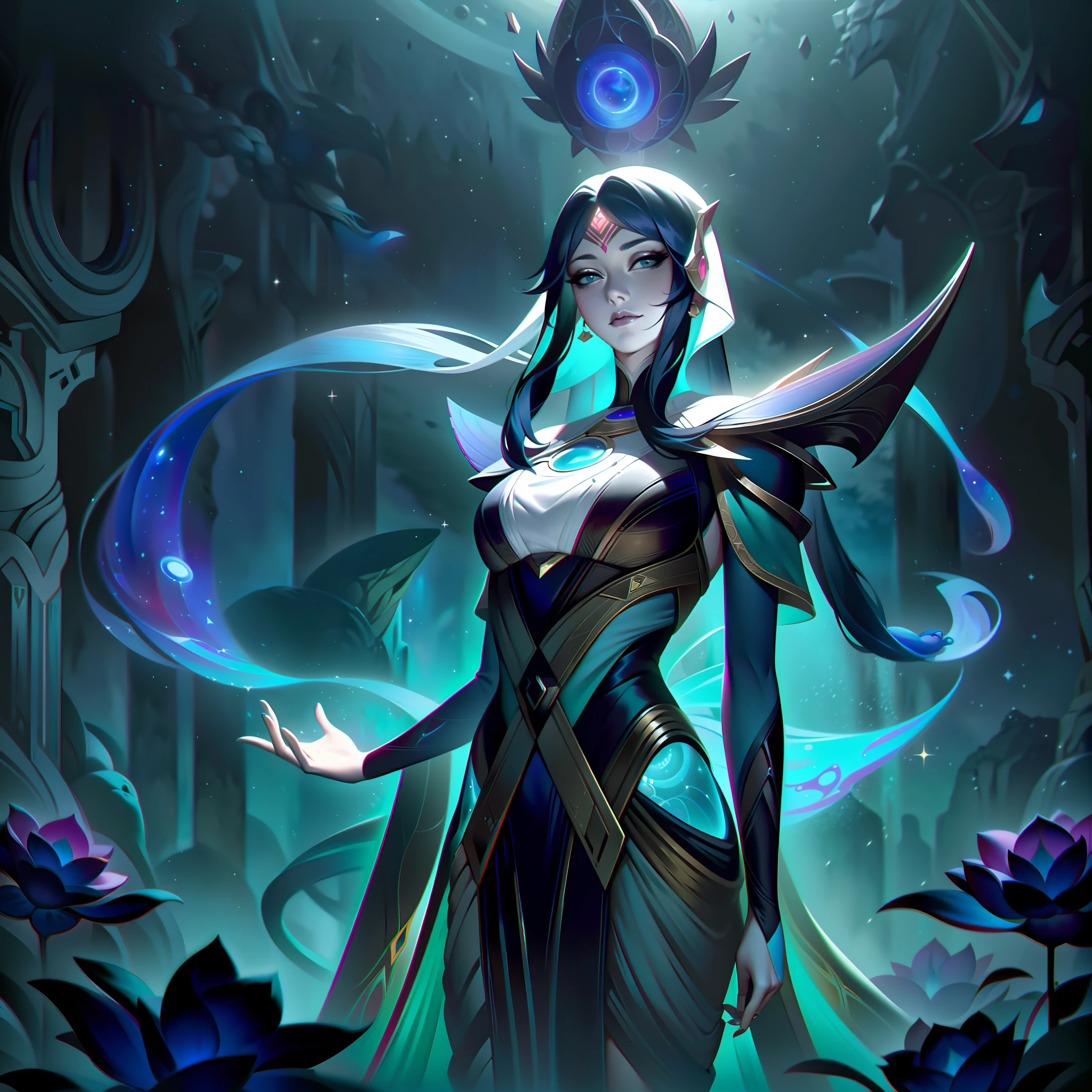 Aelara, the Cosmic Muse, is represented in her splashart in all her majestic beauty and power. She is depicted in a nocturnal setting, in the heart of a lush, enchanted forest. The full moon shines brightly above it, pouring a silvery glow over the surrounding landscape.
Aelara is an ethereal-looking woman with long silver hair that flows like streams of stars. Her skin is pale and resplendent, almost translucent, giving her a heavenly appearance. She is dressed in a long, flowing dress, made of black silk and adorned with intricate patterns of constellations, which glow softly with light of their own.
Through her delicate and elegant hands, Aelara displays her power over nature. Rays of cosmic light emanate from your palms, forming beautiful flowers and floating plants around you. The flowers are of all colors and shapes, representing the diversity and abundant life it controls. Some of them are exotic and never seen before, demonstrating their mastery over nature in a unique way.

Aelara's eyes glow with a shimmering blue hue, conveying her cysmic charm and her magnetic control over hearts. His expression is serene, yet charged with mystery and a touch of malice, revealing his manipulative side.
In the background of the splashart, in the distance, one can see other magical creatures of the forest, such as fairies and mythological beings, who are attracted by the radiant cosmic energy of Aelara.
The splashart's color palette is predominantly composed of shades of blue and silver, with subtle touches of vibrant colors in the flowers and floating plants around Aelara. The lighting is soft and ethereal, further enhancing its divine aura., splashart, body lines, vibrant colors, exquisite details, cinematic, artstation, detailed face, by rossdraws, by Kienan Lafferty