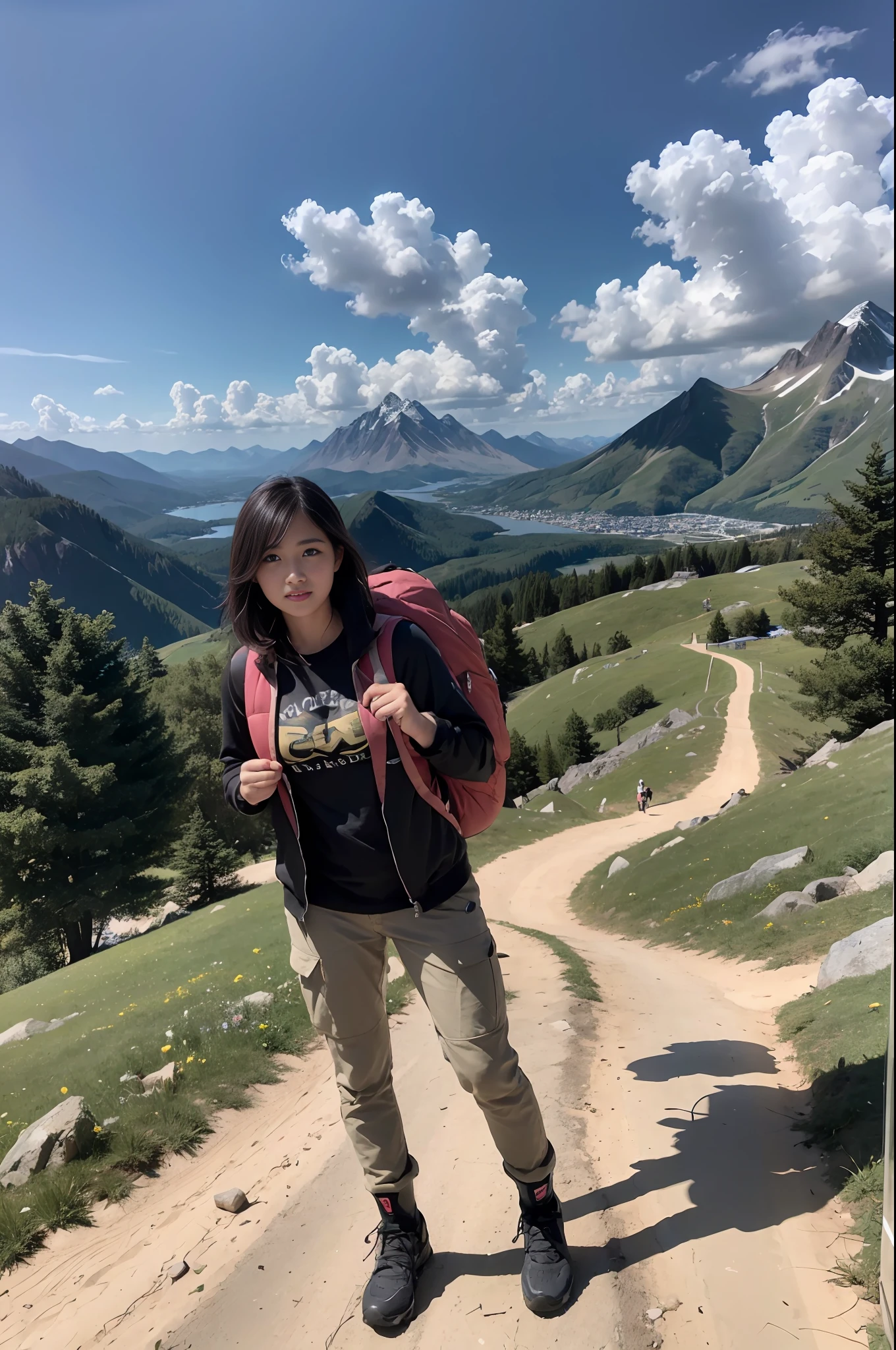 (masterpiece, top quality, 8K wallpaper, high resolution, ultra-realistic), 1girl, solo, full body composition from afar, slender figure: 1.1, beauty, beautiful face, beautiful eyes, detailed face, detailed eyes, detailed nose, detailed mouth, short hair, black eyes, carrying a big backpack, mountain girl style, backpacker, mountaineer, mountain view from the top of the mountain, walking on the mountain trail, Wearing jacket over jacket, t-shirt, long pants, climbing, trekking boots, natural landscape photo;mountain climbing;spectacular summer mountain scenery with rugged mountain range in the distance, wonderful contrast of blue sky and white clouds. Camera = "Sony a7 IV";Lens="Tamron 28-200mm f/2.8-5.6 Di III RXD";" Aperture = f/6.3";" Shutter speed = 1/1600 sec";" ISO=100";