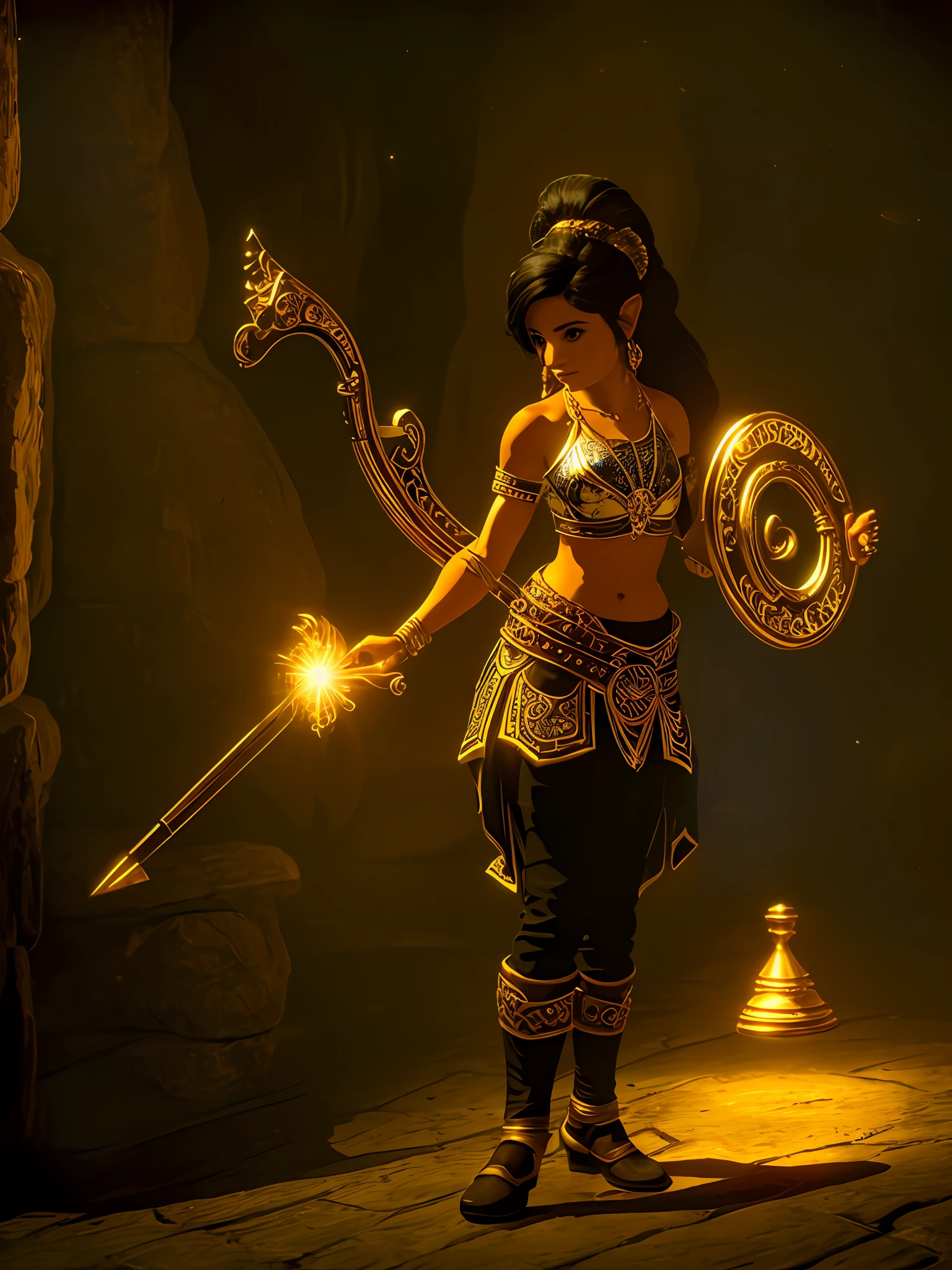 a woman halflings bard, a small golden harp on the back, black hair, brown eyes, short stature, fully clothed, in a dungeon, masterpiece, best quality, high contrast, soft lighting, backlighting, blooming, light sparkles, chromatic aberration, smooth, sharp focus