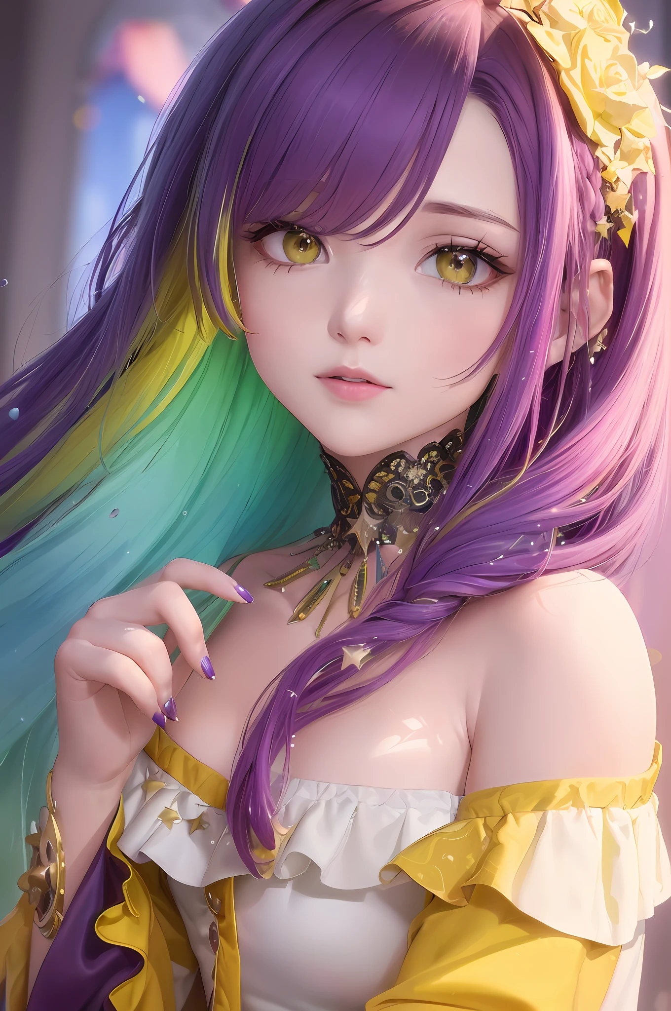 (Highly detailed CG Unity 8k wallpaper, masterpiece, top quality, super detail), (very delicate and beautiful), (dynamic angle, portrait), (multicolored_hair + purple hair + green hair + yellow hair + red hair: 1.2), (away from the shoulders), beautiful face, glowing skin (((star-shaped pupil))), depth of field, rich green, sparkling water droplets, vivid colors.