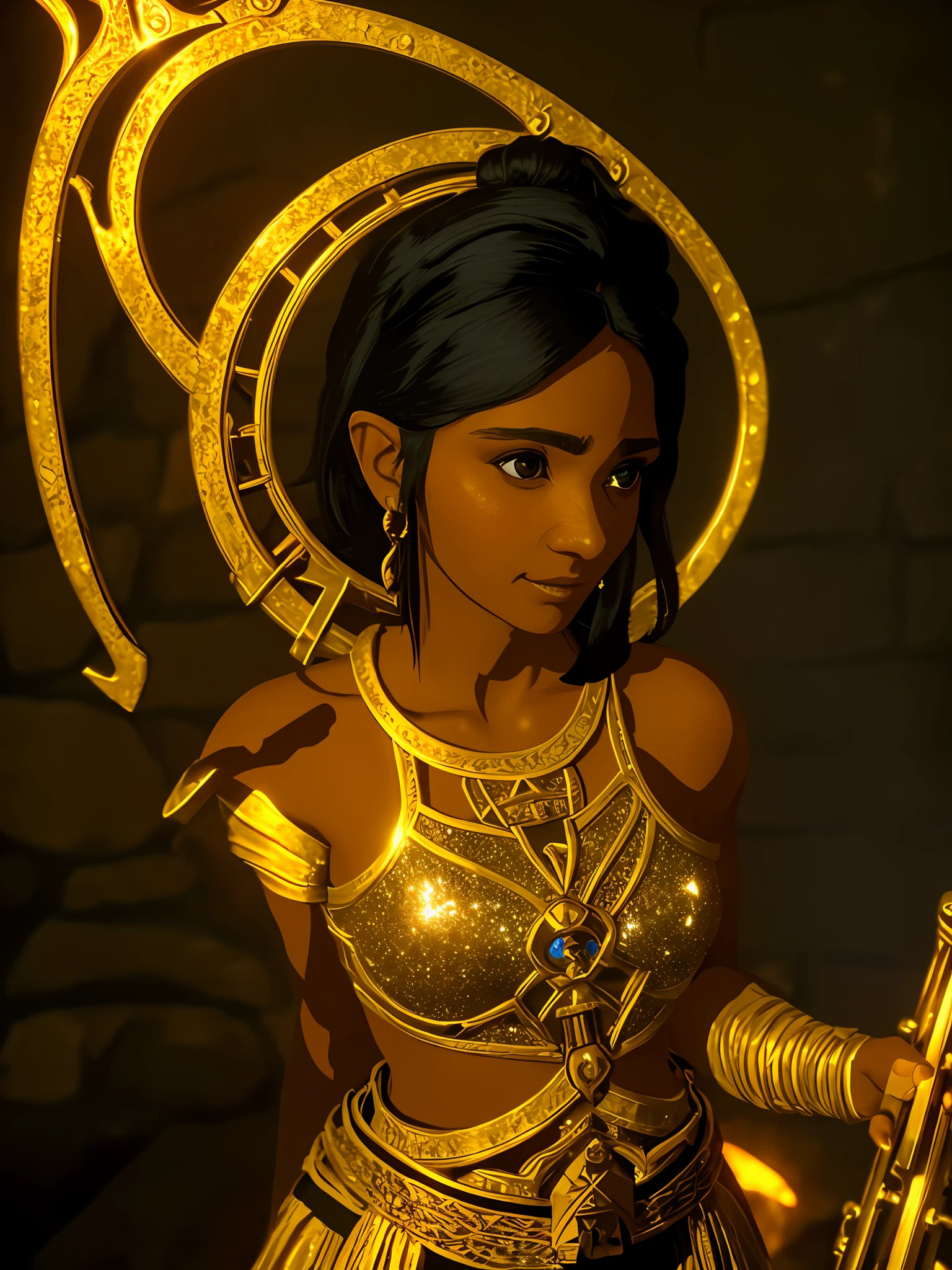 a woman halflings bard, a small golden harp on the back, black hair, brown eyes, short stature, fully clothed, in a dungeon, masterpiece, best quality, high contrast, soft lighting, backlighting, blooming, light sparkles, chromatic aberration, smooth, sharp focus