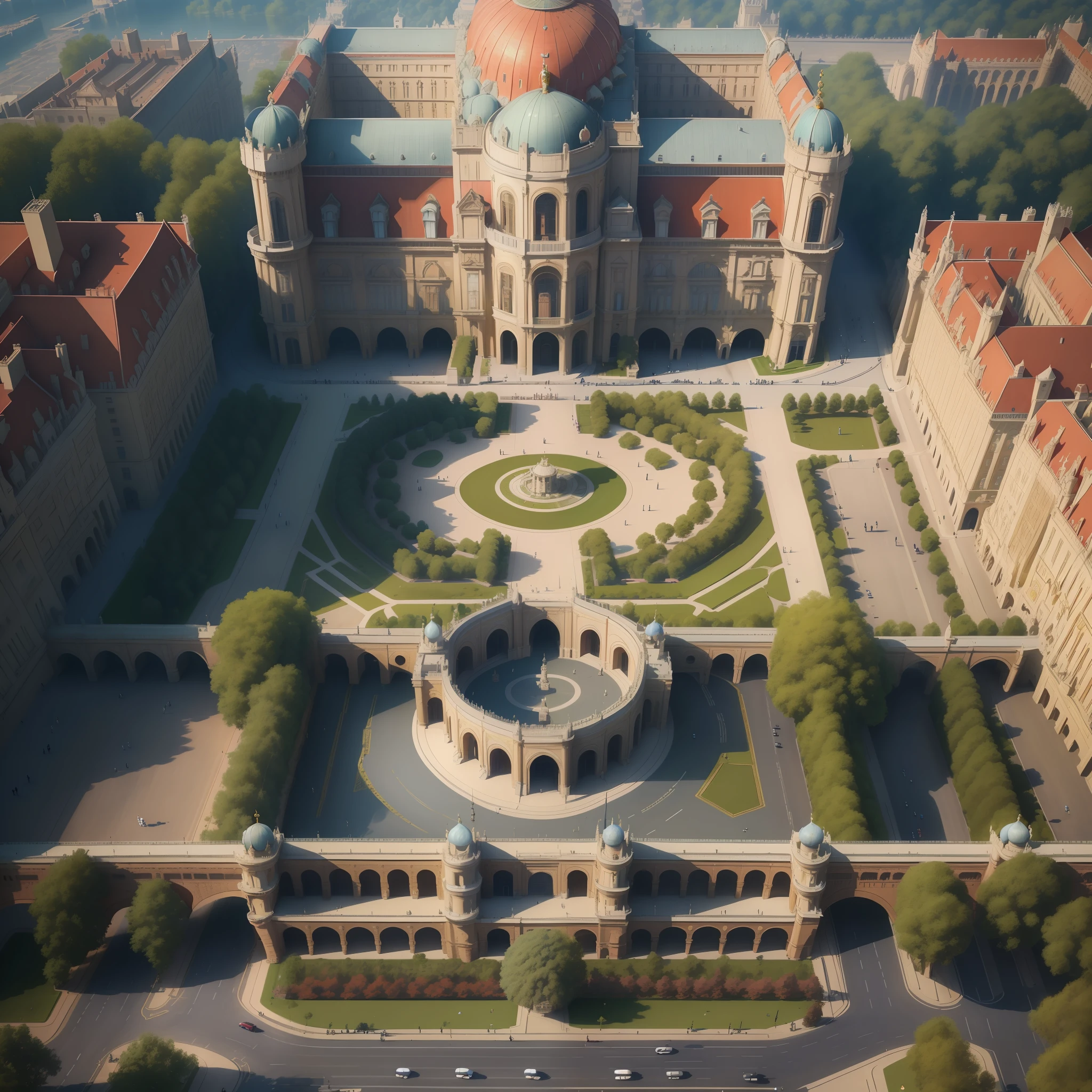 (8k, RAW Photo, Best Quality, Masterpiece: 1.2), (Realistic, Photo Realistic: 1.37), Stereoscopic, Noble, Street, Noble Palace, Promenade, Ground, Plane, Overlook, Front Shot, Aerial View, Game Background Resource, Noble, Luxurious, Royal Palace, Surrounded by Bars, Facing the Palace Gate, Symmetrical